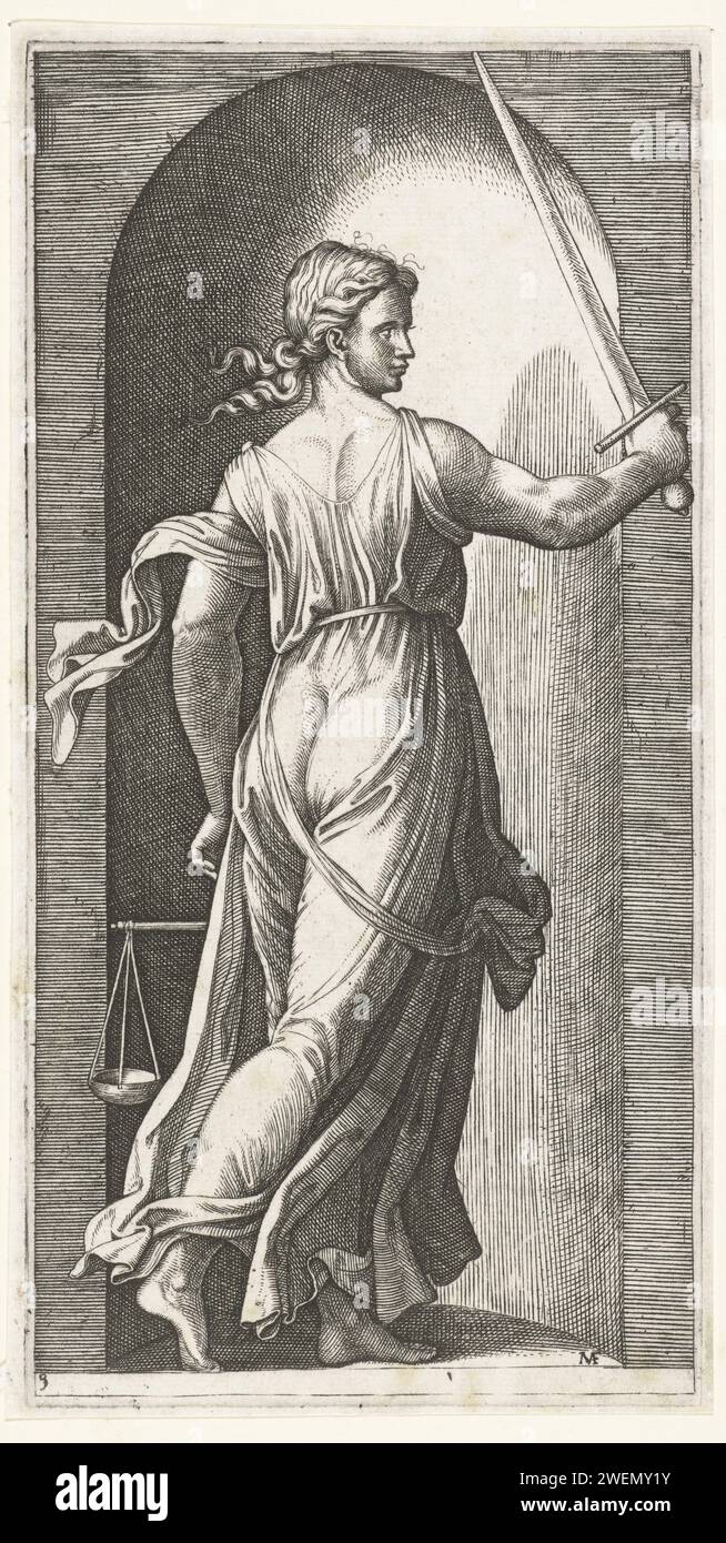 Donna come personificazione della giustizia (Justitia) con Libra e Zwaard, Marcantonio Raimondi, dopo Rafaël, 1510 - 1527 carta stampata incisione giustizia, "Justitia"; "Giustitia divina" (Ripa)  una delle quattro virtù cardinali Foto Stock