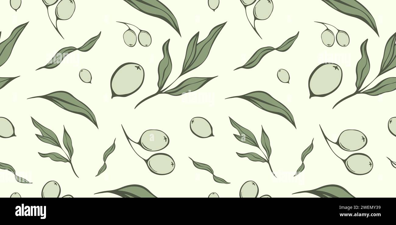 Motivi senza cuciture con rametto d'oliva in un moderno stile minimalista. Sfondi vettoriali floreali per inviti a nozze, biglietti d'auguri, stampa su tessuto, Illustrazione Vettoriale