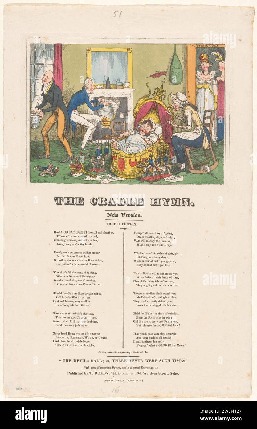 Cartoni animati su re Giorgio IV, 1820, 1820 stampa Cartoon su re Giorgio IV, 1820. Il re si presentava come un grande bambino in una culla, ben curato e desiderato. Sotto l'album una canzone in dodici distici. supporto per incisione/stampa letterpress, culla. caricature politiche e satire Foto Stock