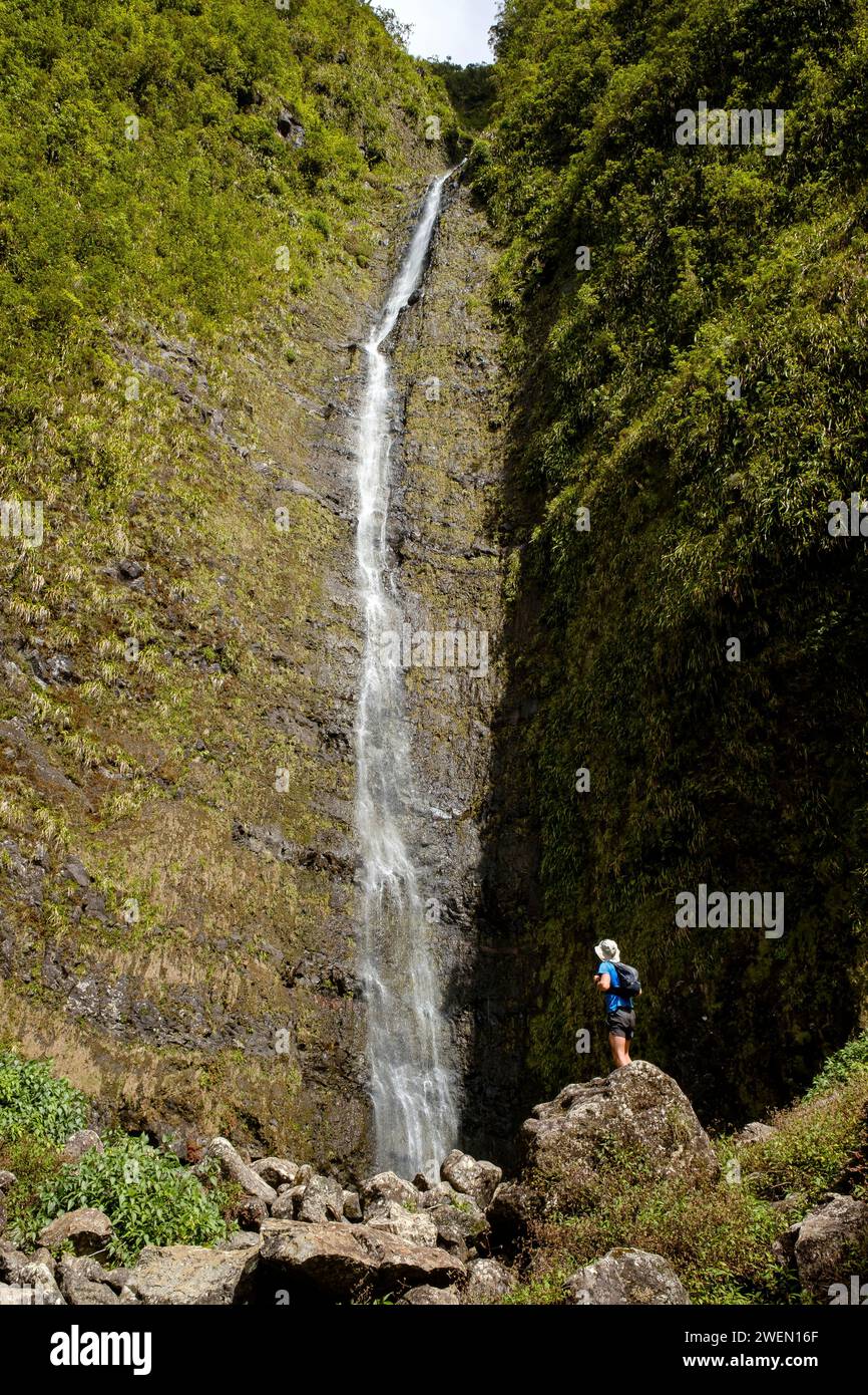 Un uomo si trova alla base di una cascata Bras d'Annette mentre cammina a Grand Etang, Isola di Reunion. Foto Stock