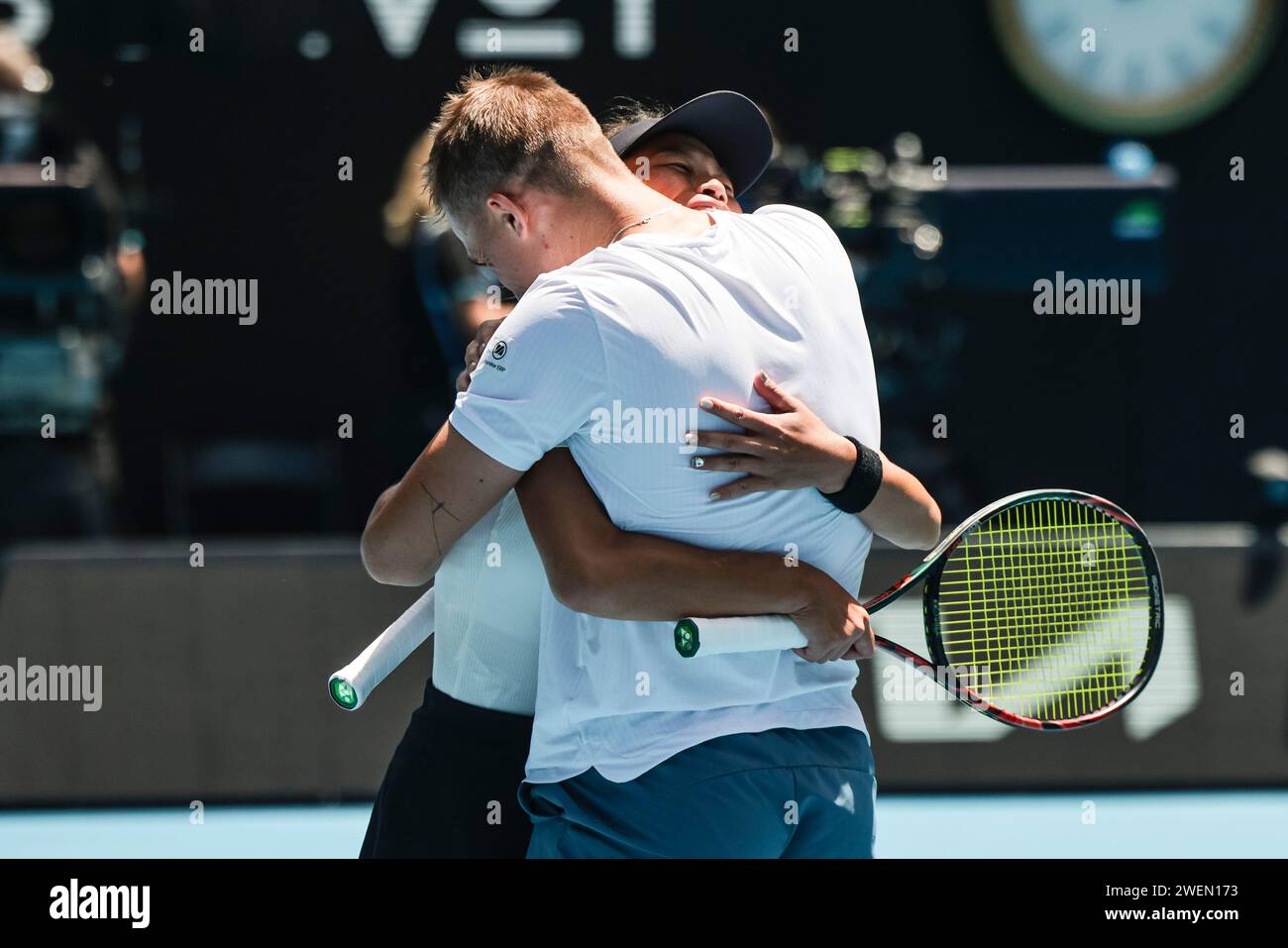 Melbourne, Australia, 26 gennaio 2024. Il tennista su-Wei Hsieh da Tapei e Jan Zielinski dalla Polonia all'Australian Open Tennis Grand Slam 2024 a Melbourne Park. Crediti fotografici: Frank Molter/Alamy Live news Foto Stock