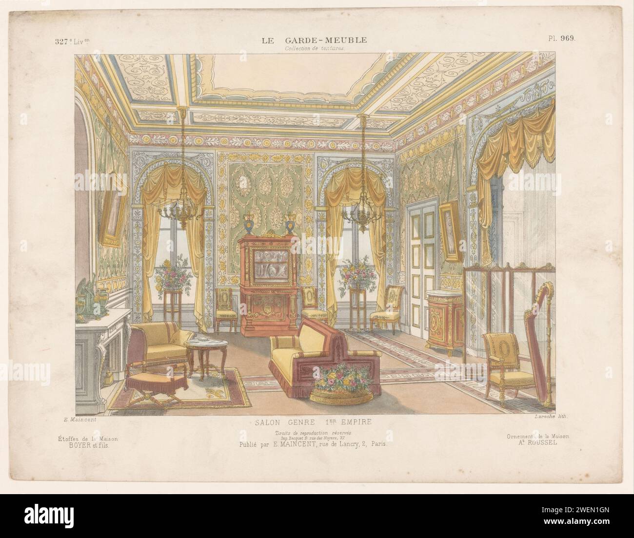 Finestra con tende, Léon Laroche, dopo Eugène MAINCEN, c. 1885 - c. 1895 stampa interno di un salone in stile Empirest (primo Impero francese). Stampa della 327esima Livraison. impiccagioni e tendaggi di carta. salotto, "salone". decorazioni (interni della casa) Foto Stock