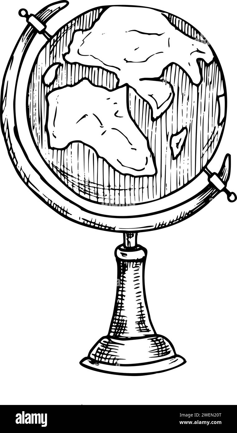 Illustrazione vettoriale di Globe. Disegno a mano di un modello vintage di terra su un piedistallo in legno. Disegno di una mappa retrò dipinta da inchiostri neri per la scienza o l'istruzione. Schizzo lineare nero per icona o logo. Illustrazione Vettoriale