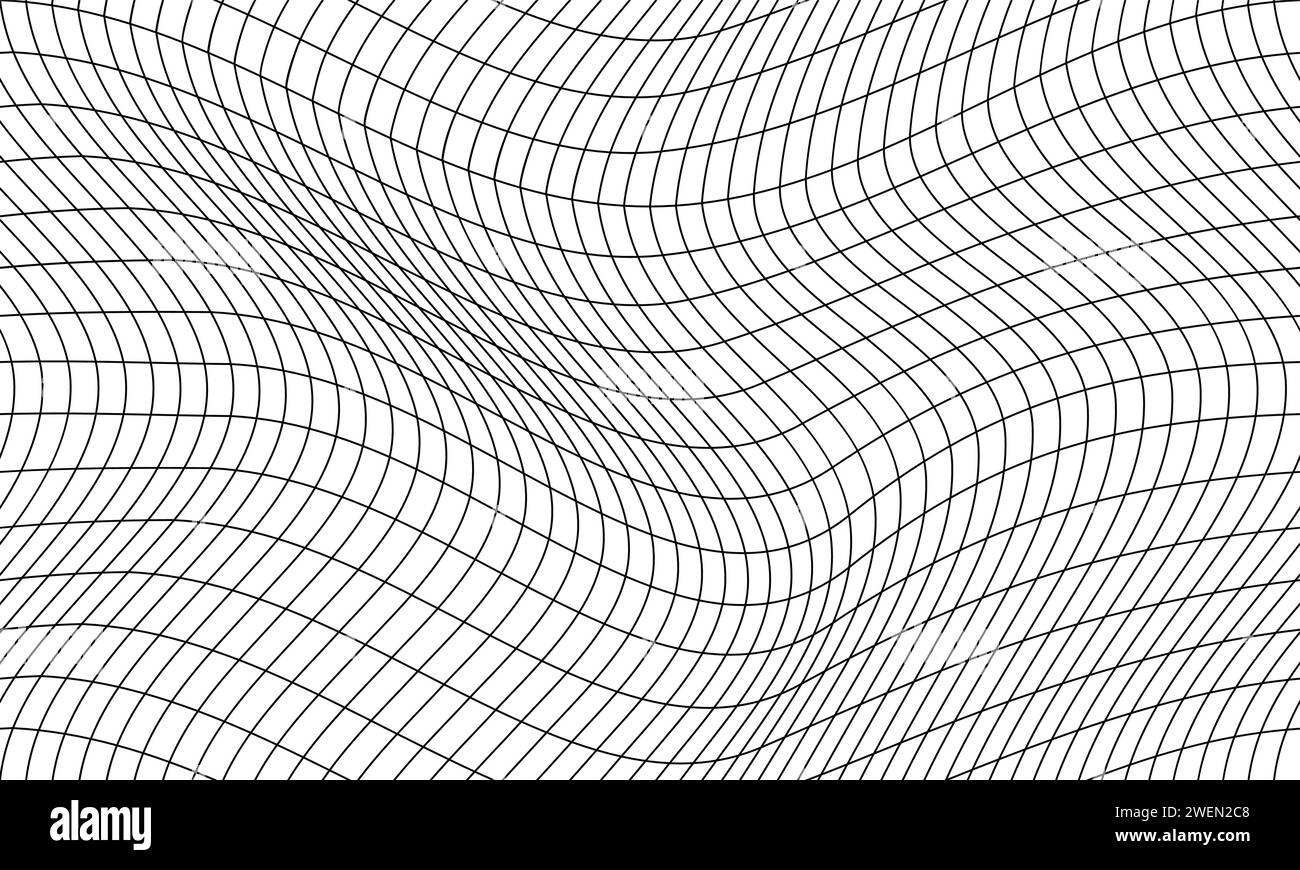 Modello futurismo retrospettivo monocromatico primitivo. Stampa a griglia ondulata geometrica astratta brutalista. Prospettiva reticolo orizzontale nei colori bianco e nero. Superficie 3d poligonale, illustrazione vettoriale. Illustrazione Vettoriale