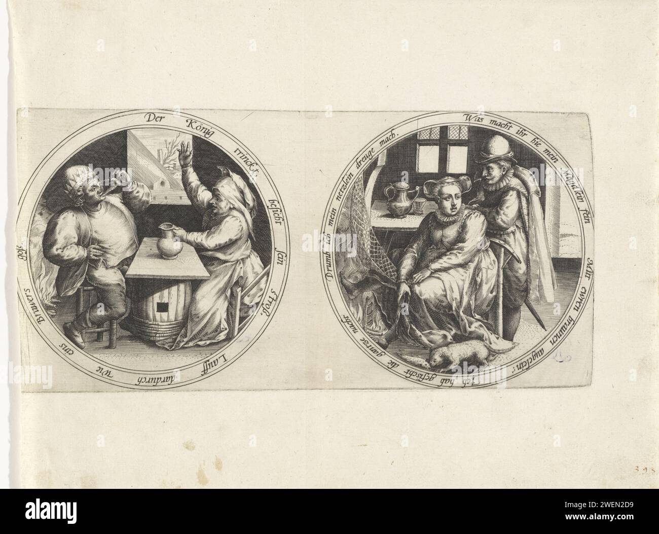 Epiphany Festival and a Netroogster, Anonymous, After Marten van Cleve (i), 1555 - 1631 stampa due medaglioni con un margine ambiguo in tedesco. Sul medaglione di sinistra una performance della festa dei tre re. Un uomo e una donna a un tavolo improvvisato in un interno con un fuoco ardente. L'uomo indossa una corona e beve da un bicchiere. La donna di fronte a lui solleva il braccio con un gesto di avvertimento e tiene una caraffa con la mano sinistra. C'è una fattoria in lontananza. Alcuni possono essere visti in un interno sul medaglione destro. La donna è seduta davanti a un fuoco per asciugare una rete. Dietro di lei c'è un uomo che sostiene ag Foto Stock