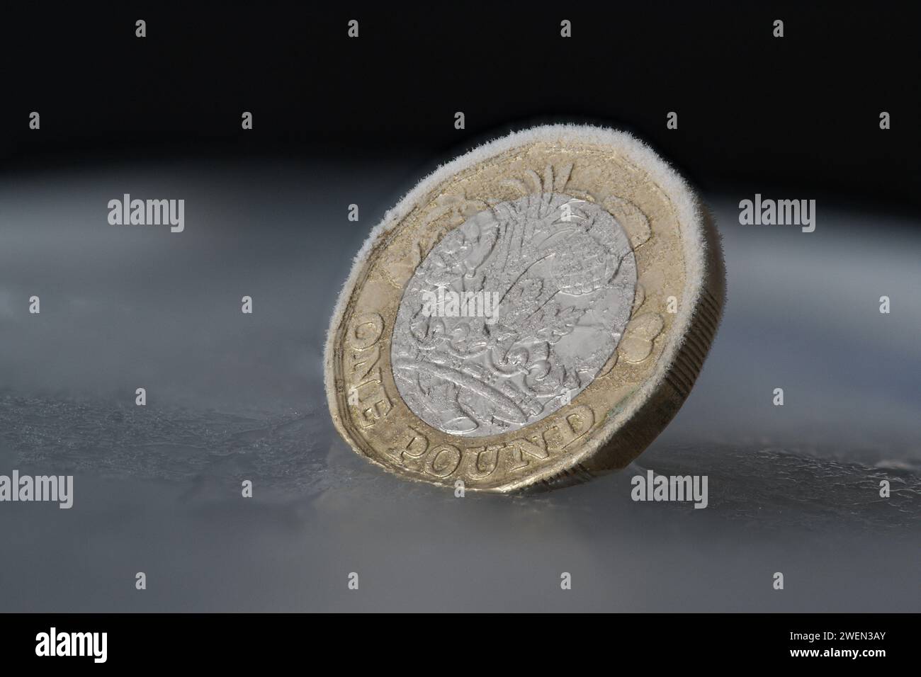 Una moneta da 1 £ congelata nel ghiaccio Foto Stock