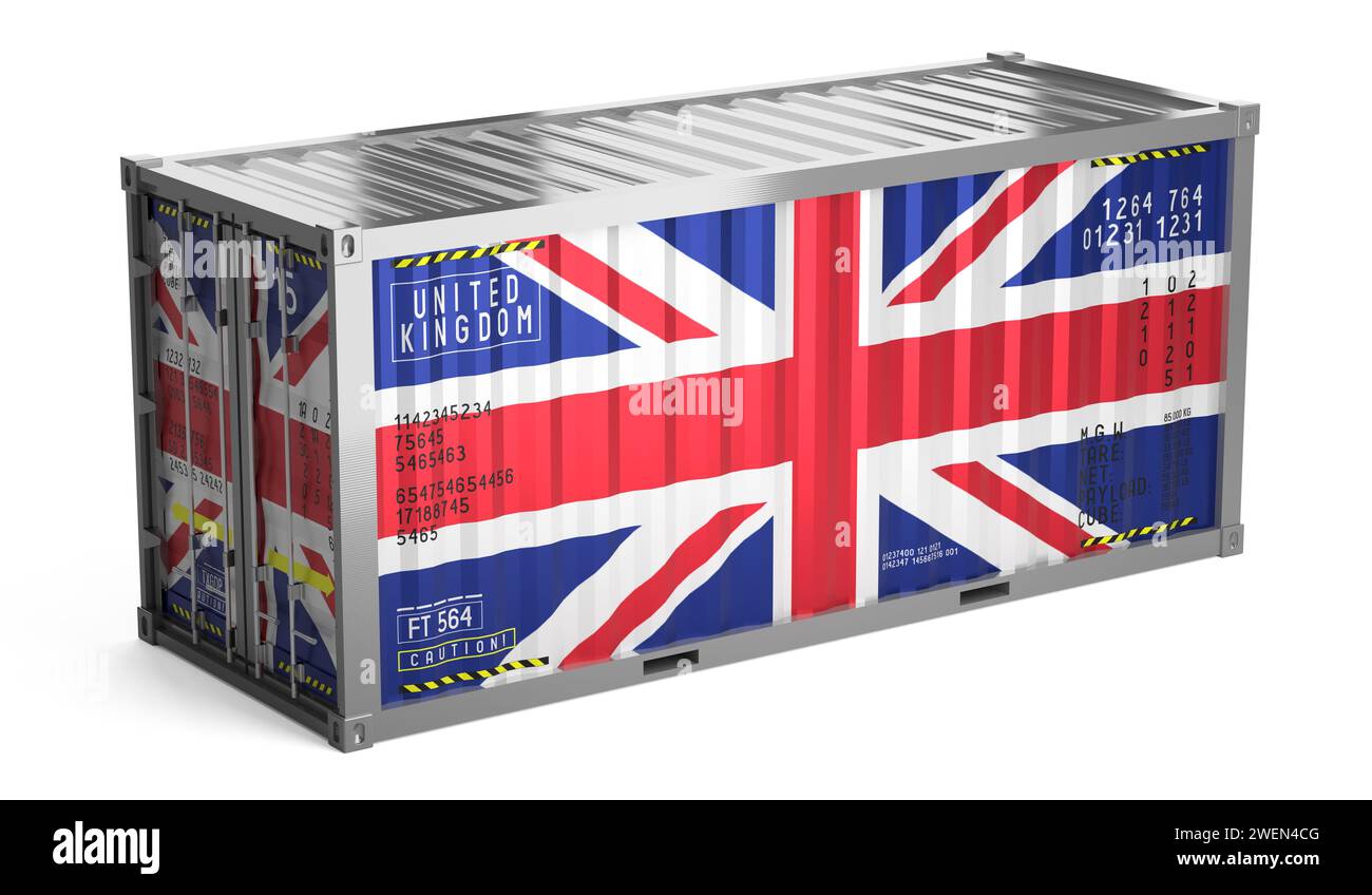 Container da trasporto con bandiera nazionale del Regno Unito su sfondo bianco - illustrazione 3D. Foto Stock
