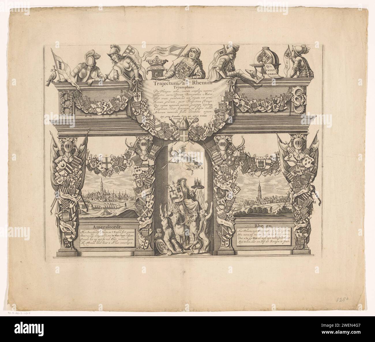 Utrecht Arms MAP (parte superiore), Hendrik Winter, After Everard Meyster, c. 1663 - 1732 stampa parte superiore di una mappa di armi di città e generi di spicco della provincia di Utrecht. prospetto di incisione su carta della città, panorama della città, sagoma della città. stemma (simbolo dello stato, ecc.). Fame; 'fama', 'fama buona', 'fama chiara' (Ripa). armatura. Carro, auto trionfale Utrecht. Amersfoort. Rhenen. Wijk bij Duurstede. Montfoort. Utrecht Foto Stock