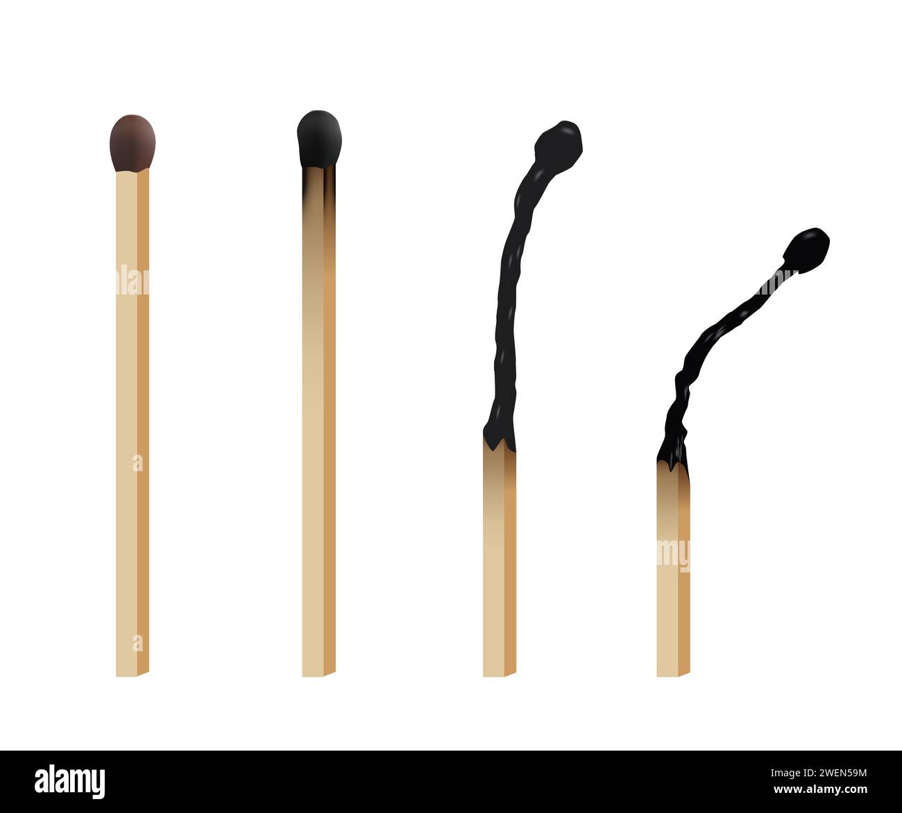 Abbinare i bastoncini con la sequenza di fiamma impostata. Ciclo di combustione in legno. Nuovi fiammiferi, bruciati, bruciati. Illustrazione vettoriale realistica su transp Illustrazione Vettoriale