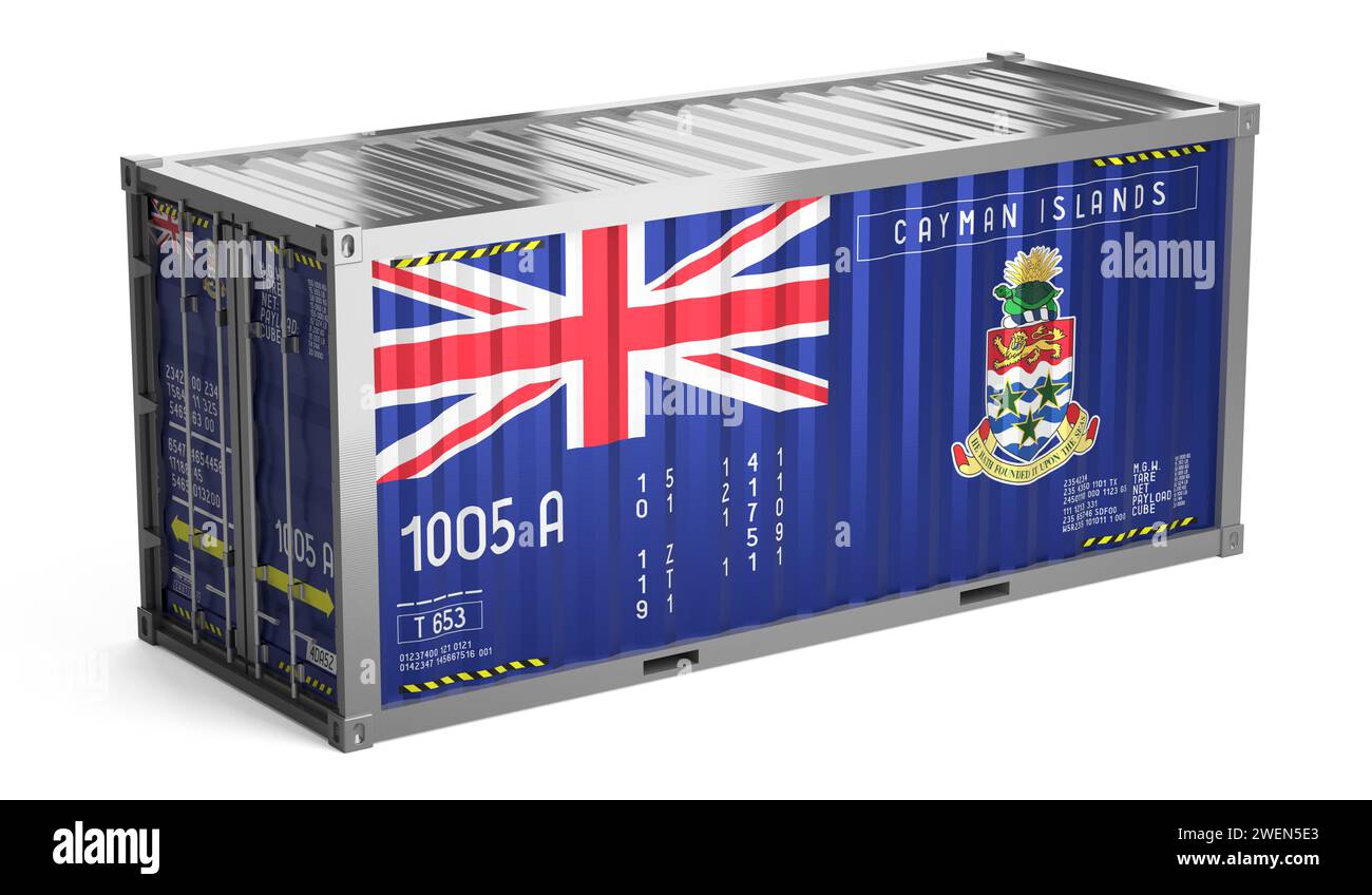 Container da trasporto con bandiera nazionale delle Isole Cayman su sfondo bianco - illustrazione 3D. Foto Stock