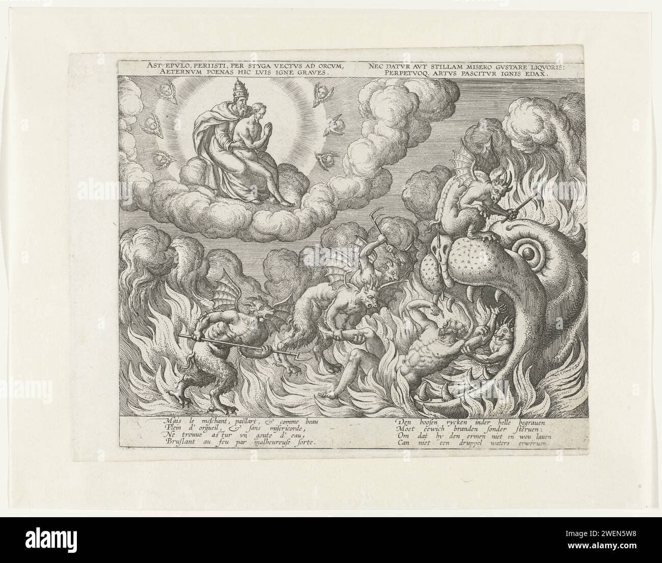 Visione dell'uomo ricco all'inferno, c. 1575 - c. 1599 stampa Lazzaro siede sul grembo di Dio in cielo. I diavoli sono l'uomo ricco alla porta dell'inferno. Con la parte superiore in latino e didascalie in francese e olandese. Incisione di carta / incisione all'inferno le immersioni vedono Lazzaro in paradiso; di solito le immersioni puntano sulla sua lingua. Ingresso dell'inferno come bocca mostruosa (del Leviatano). diavolo(i) e demoni Foto Stock