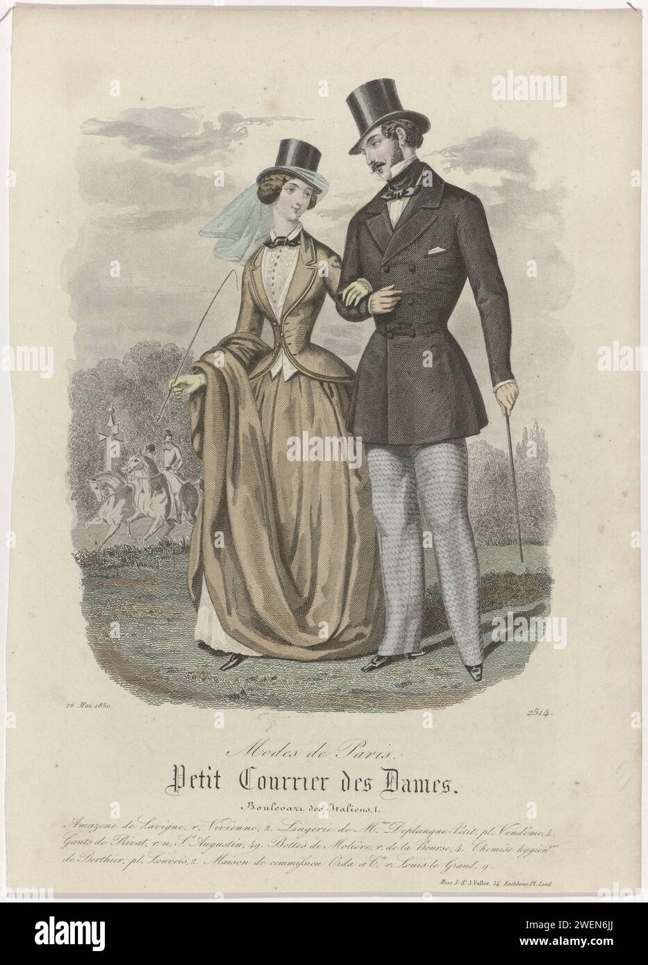 Piccola posta delle signore, 26 maggio 1850, No. 2514: Amazon de Lavign (...), 1850 una coppia armata. La donna indossa un rijkostume. Con la mano destra tiene la gonna, in modo che la sua sottogonna possa essere vista. Cappello alto con velo, frusta in mano. L'uomo indossa una giacca doppiopetto con colletto e revers sui pantaloni lunghi. Cappello alto e stoffa per collo di poppa. Secondo la didascalia: Costume Amazon di Lavigne. Sotto alcune righe di testo pubblicitario per vari accessori. Stampa dalla rivista di moda Petit Courrier des Dames (1821-1868). lastre di moda per incisioni in carta. cappotto (+ abiti da donna). Foto Stock