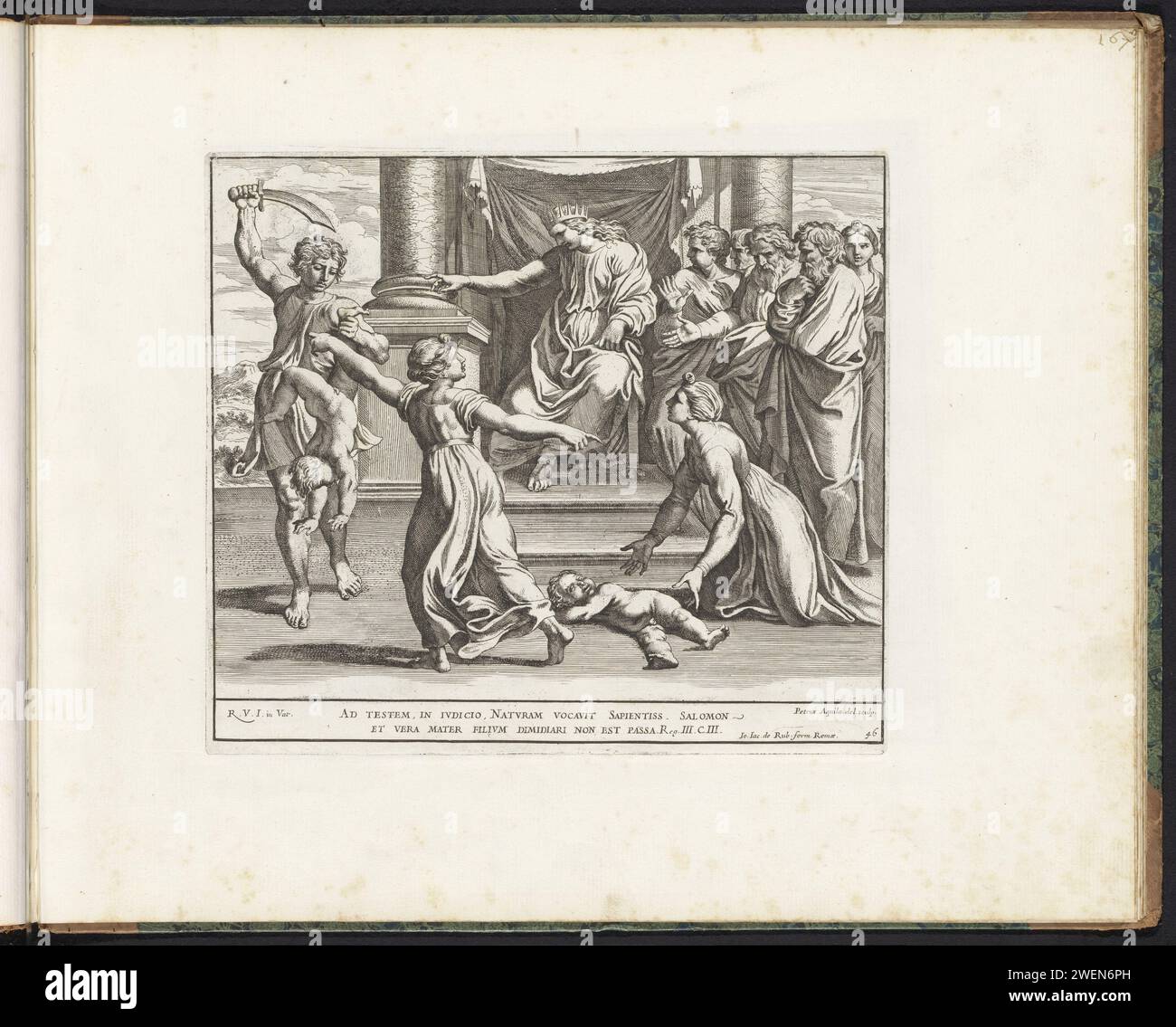 Giudizio di Solomo, Pietro Aquila, dopo Rafaël, stampa del 1675 Re Salomone siede sul suo trono e discute una sentenza su una disputa tra due prostitute che hanno avuto entrambi un figlio. Il bambino che muore giace per terra per Salomone, il bambino che è ancora vivo e rivendicato da entrambe le madri, è tenuto da un uomo con una spada. Quest'uomo è istruito da Salomone di dividere il bambino in due, ma questo spinge la vera madre troppo lontano, lei lo supplica di lasciare che suo figlio viva. Versi della Bibbia sotto lo spettacolo. La stampa fa parte di un album. Carta che incide il giudizio di Salomone (1 Re 3, 16-28) Foto Stock