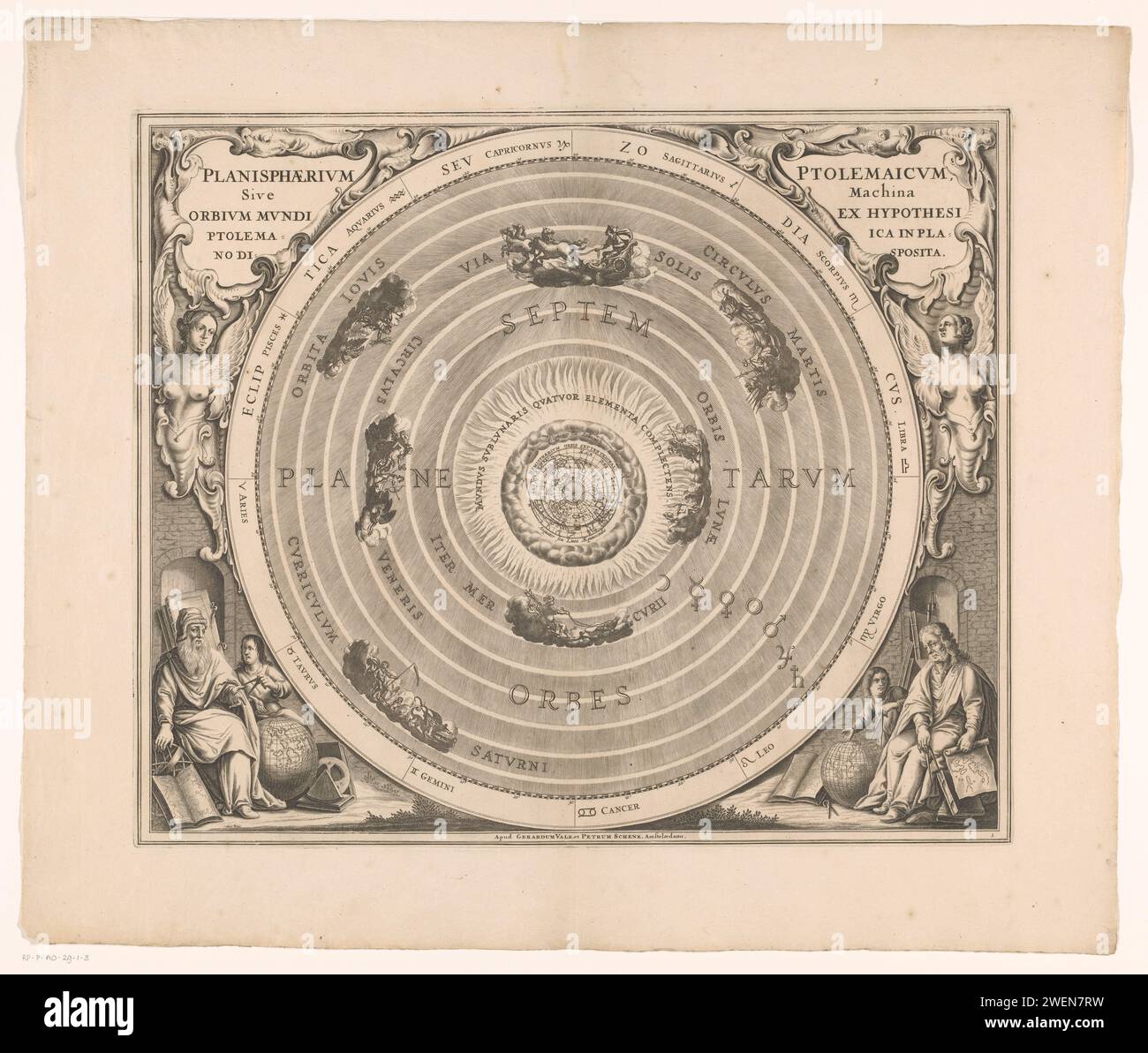 Hemelaart del sistema di Ptolemyus, Anonymous, 1708 stampa Hemel card dove si può vedere il sistema geocentrico di ptolemyus. Al centro della terra, circondato dagli elementi aria e fuoco. Poi i lavori dei pianeti, della luna e del sole intorno alla terra. In questi corsi, gli dei associati ai vari corpi celesti sono raffigurati su un'auto. Lungo i bordi lo zodiaco e una distribuzione in gradi. A sinistra e in alto a destra un cartiglio del titolo. A sinistra e in basso a destra Una performance con studiosi, forse Aristotele e Tolomeo, un globo e strumenti geometrici. Numerato in basso a destra: 1. pape Foto Stock