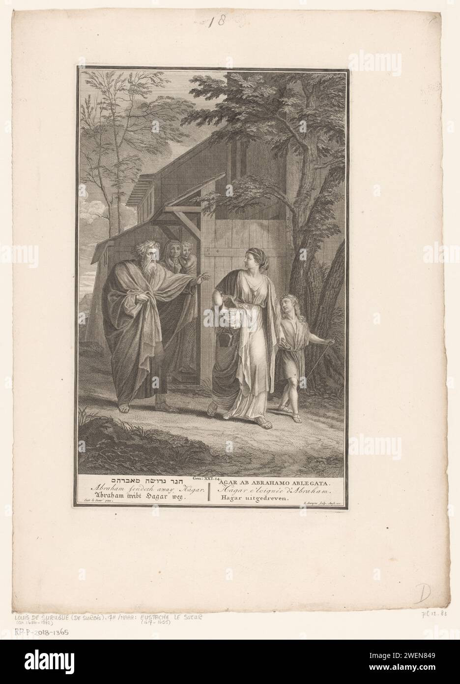 Abraham guida Hagar e Ismaël, Louis Surugue, dopo che Eustache Lesueur, 1711 stampa carta incisione Hagar e Ishmael (spesso con arco e freccia) se ne vanno Foto Stock