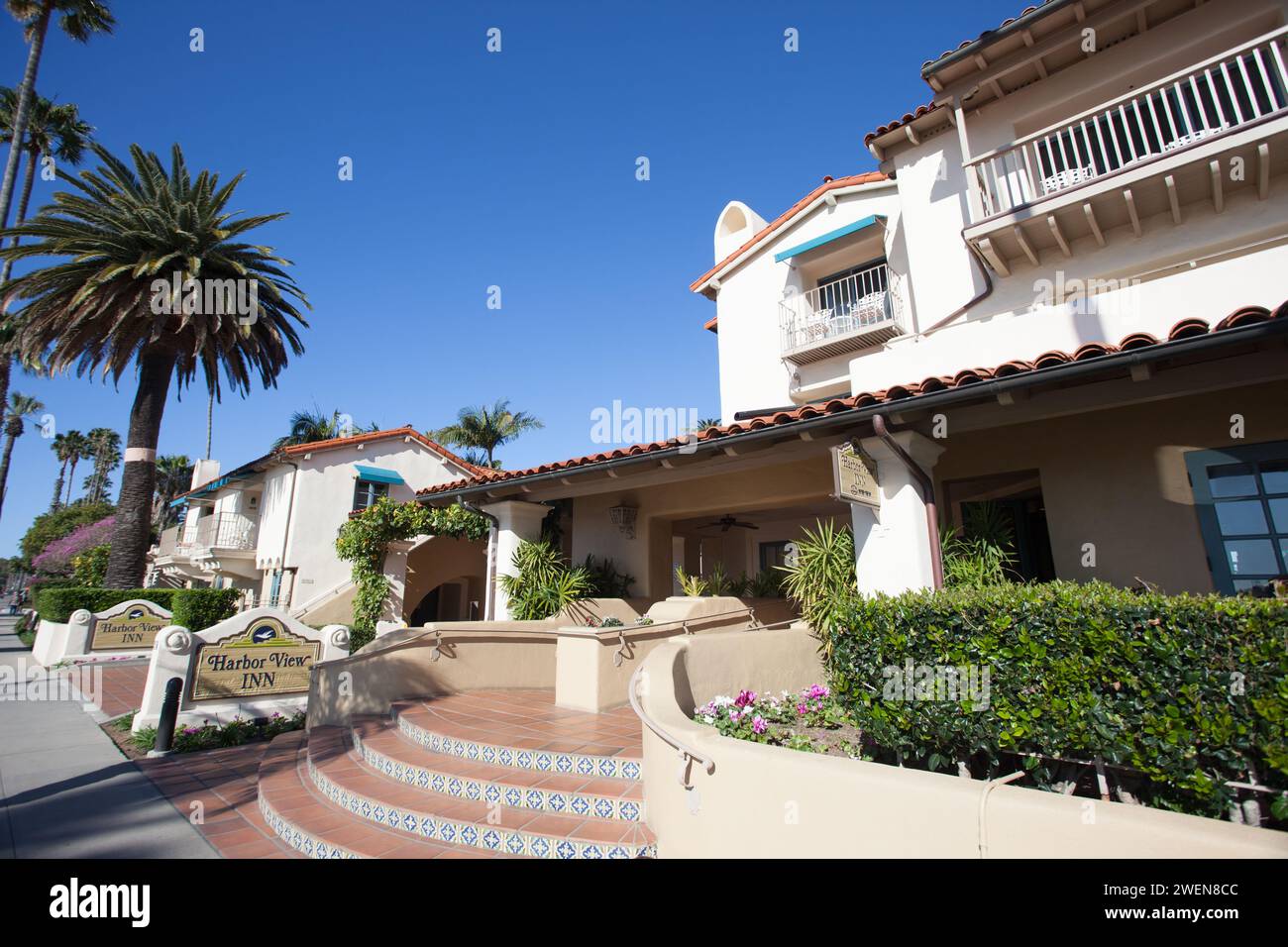 L'entrata di un hotel economico fronte spiaggia a Santa Monica, California, USA Foto Stock