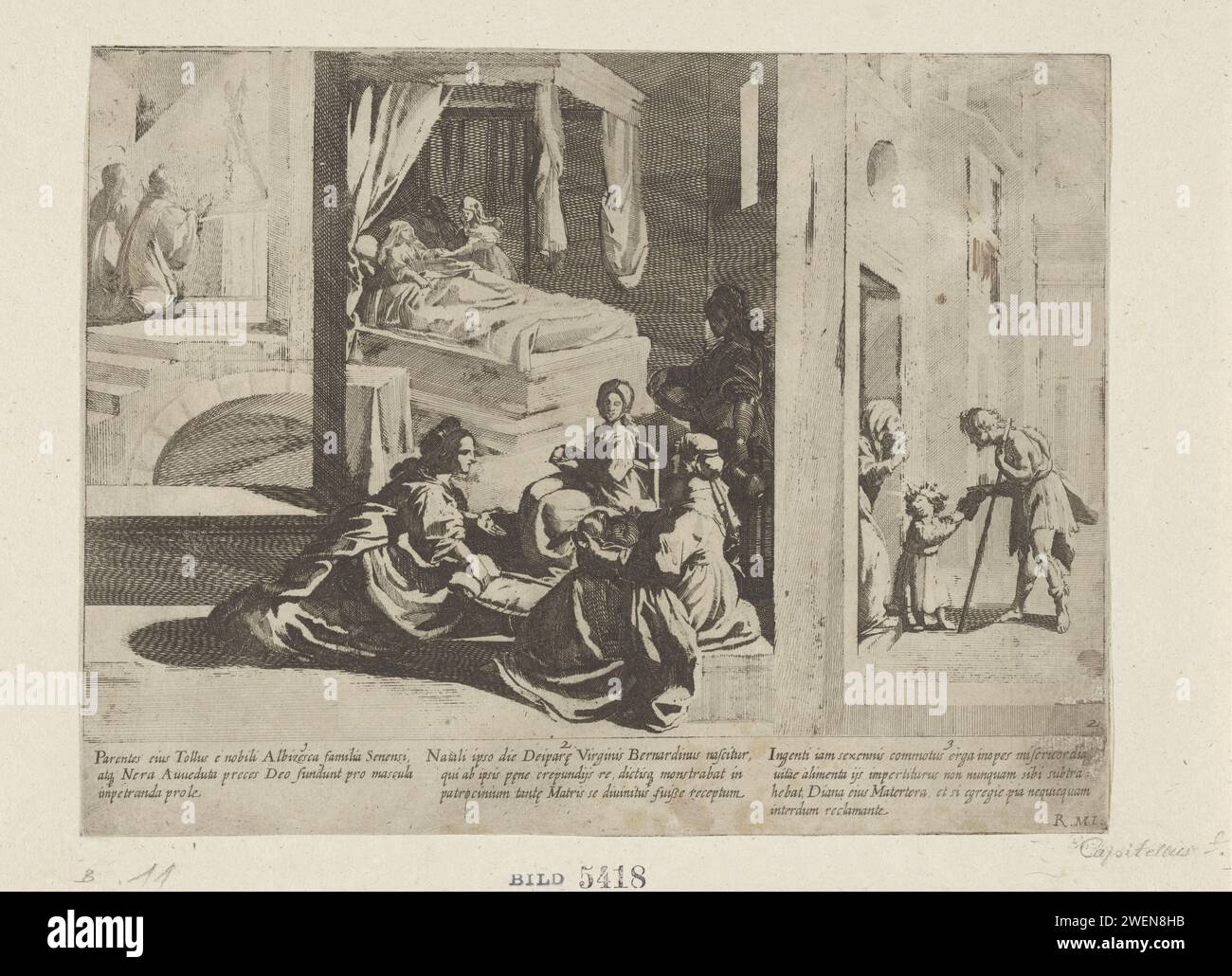 Drie episoden spedì het leven van de Heilige Bernardinus van Siena, Bernardino Capitellius, dopo Ruptilio di Lorenzo Manetti, 1635 stampa sullo sfondo a sinistra, i genitori del Santo Bernardinus di Siena pregano per un figlio (episodio 1). Centrale una rappresentazione della nascita di Bernardinus. La madre è in un letto a baldacchino, in primo piano un gruppo di ostetriche con il bambino (episodio 2). A destra il Santo Bernardinus da bambino che dona l'elemosina a un mendicante (episodio 3). Testo in STUDMARGE. Cartaceo Bernardino di Siena, frate francescano; possibili attributi: Libro, tavoletta (disco Foto Stock