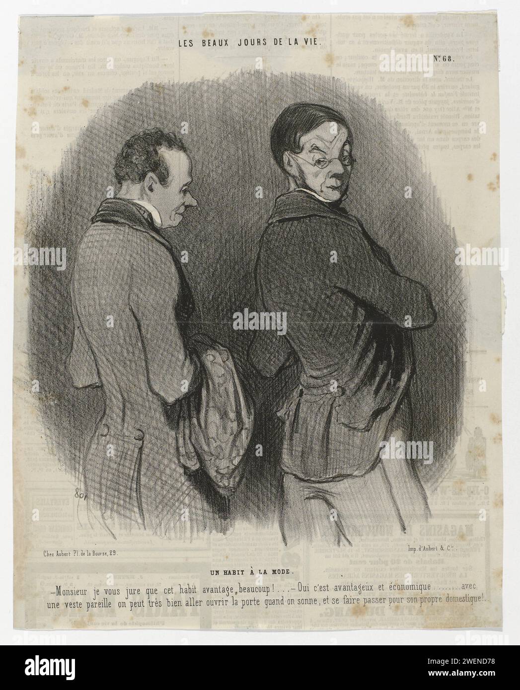I Charivari, i bei giorni della vita, quello. 1845 - 1850, No. 68: A coat Habit (...), c. 1845 - c. 1850 Cartoon sulla moda maschile del 1845-1850. Un sarto o venditore raccomanda una giacca in cui, tuttavia, l'uomo, secondo la didascalia, può continuare per la sua persona fatta in casa che apre la porta. targhe di carta. cappotto (+ abiti da uomo). sarto, sarto Foto Stock