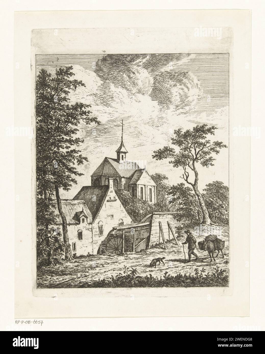 Paesaggio con chiesa e mulino ad acqua, Johannes van Cuylenburgh, 1803 - 1841 carta stampata acquaforte mulino ad acqua in paesaggio Foto Stock