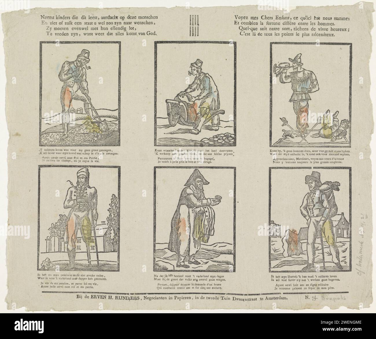 Prende i bambini che leggono questo, attenzione a queste persone / e vede se un tale stato sarebbe voi a desideri (...), 1800 - 1854 stampa Foglia con 6 spettacoli di soldati licenziati. Sotto ogni immagine un verso bidirezionale in olandese e in francese. Numerato sotto: N. 74. carta tipografica che stampa il soldato; la vita del soldato Foto Stock