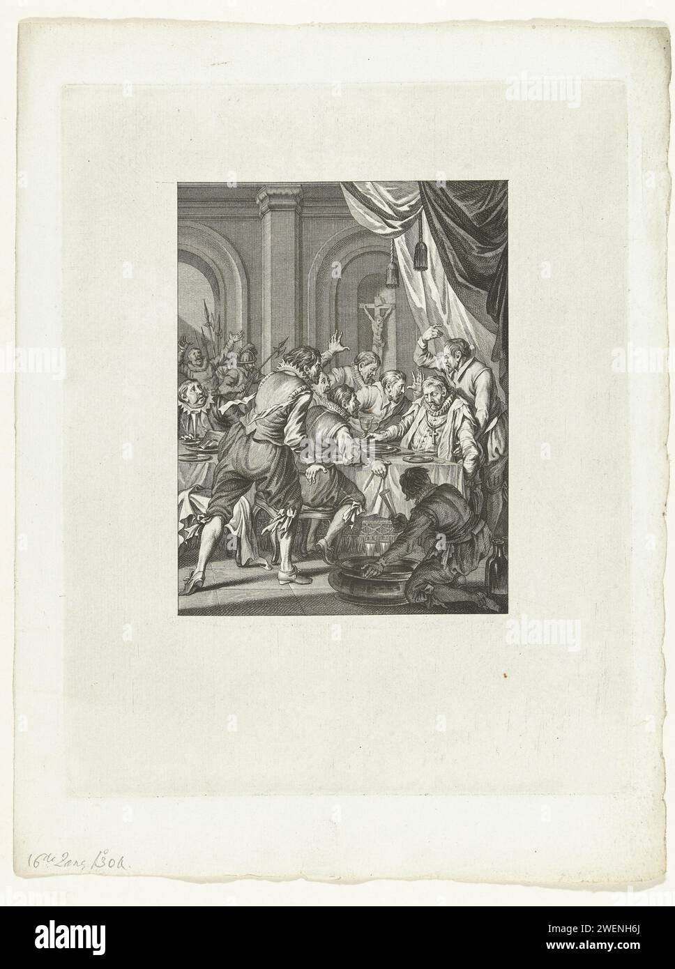 Morte di Requesens, 1576, 1782 stampa morte di Requesens. Il governatore Requesens muore a tavola durante un banchetto, il 5 marzo 1576. Sedicesimo canto. macchie di carta in corso di estinzione Foto Stock