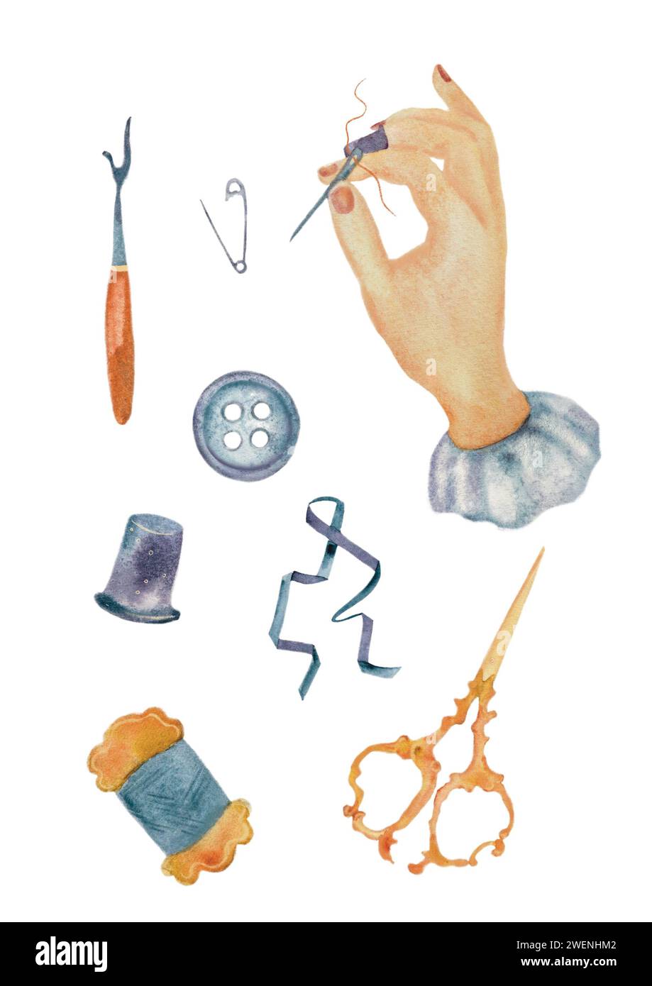 Illustrazione isolata con elementi di giocattoli fatti a mano su sfondo bianco. Tutti gli elementi sono dipinti a mano ad acquerello. Adatto per la stampa su tessuto, Foto Stock
