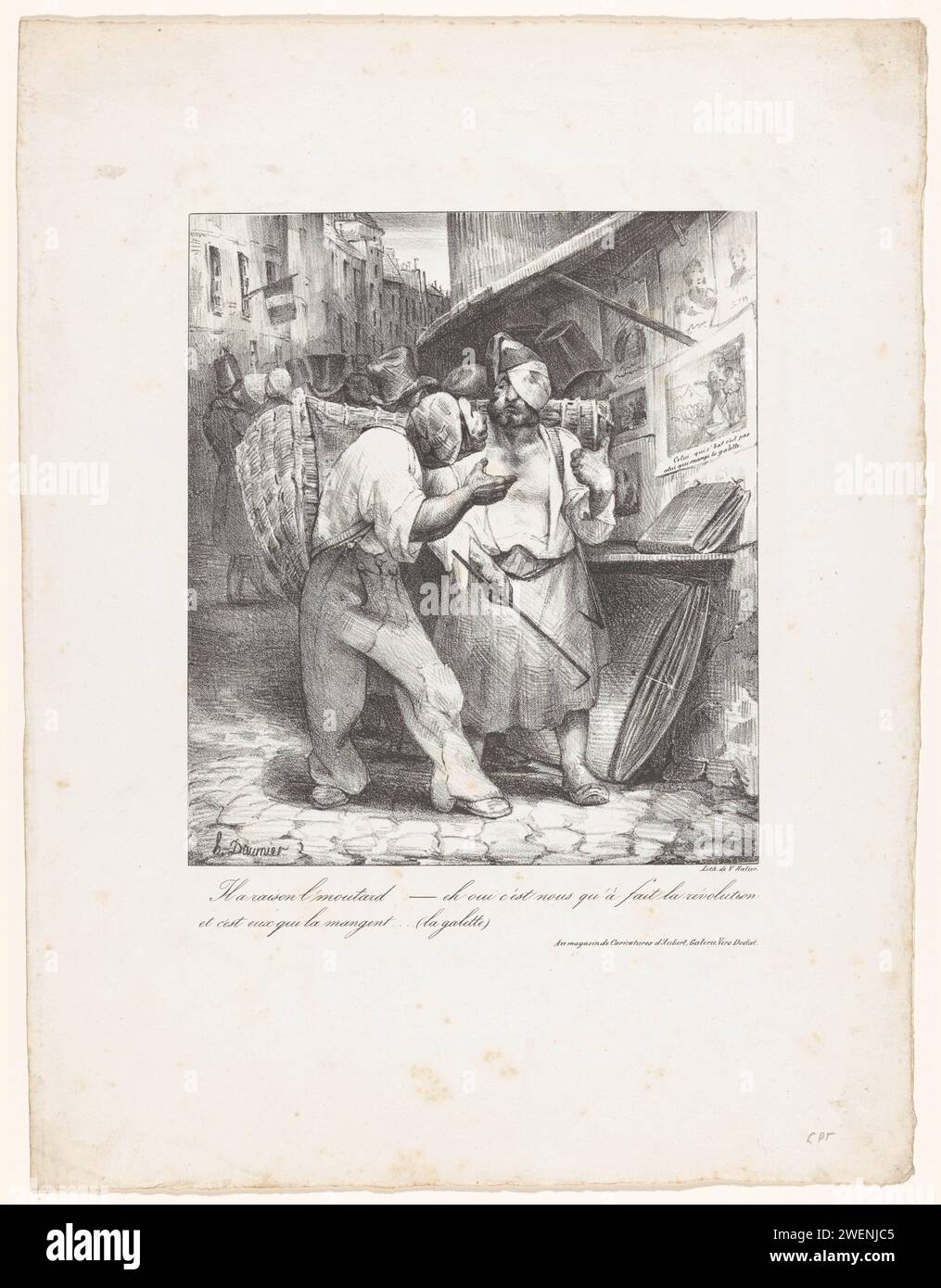 Due commercianti di stracci discutono di una stampa, 1830 stampa Satire sulla Rivoluzione francese. I commercianti di stracci si lamentano che coloro che hanno iniziato la rivoluzione non traggono beneficio dal risultato. commerciante di carta. vista sulla città in generale; 'veduta' (+ city(-scape) con cifre, personale) Foto Stock