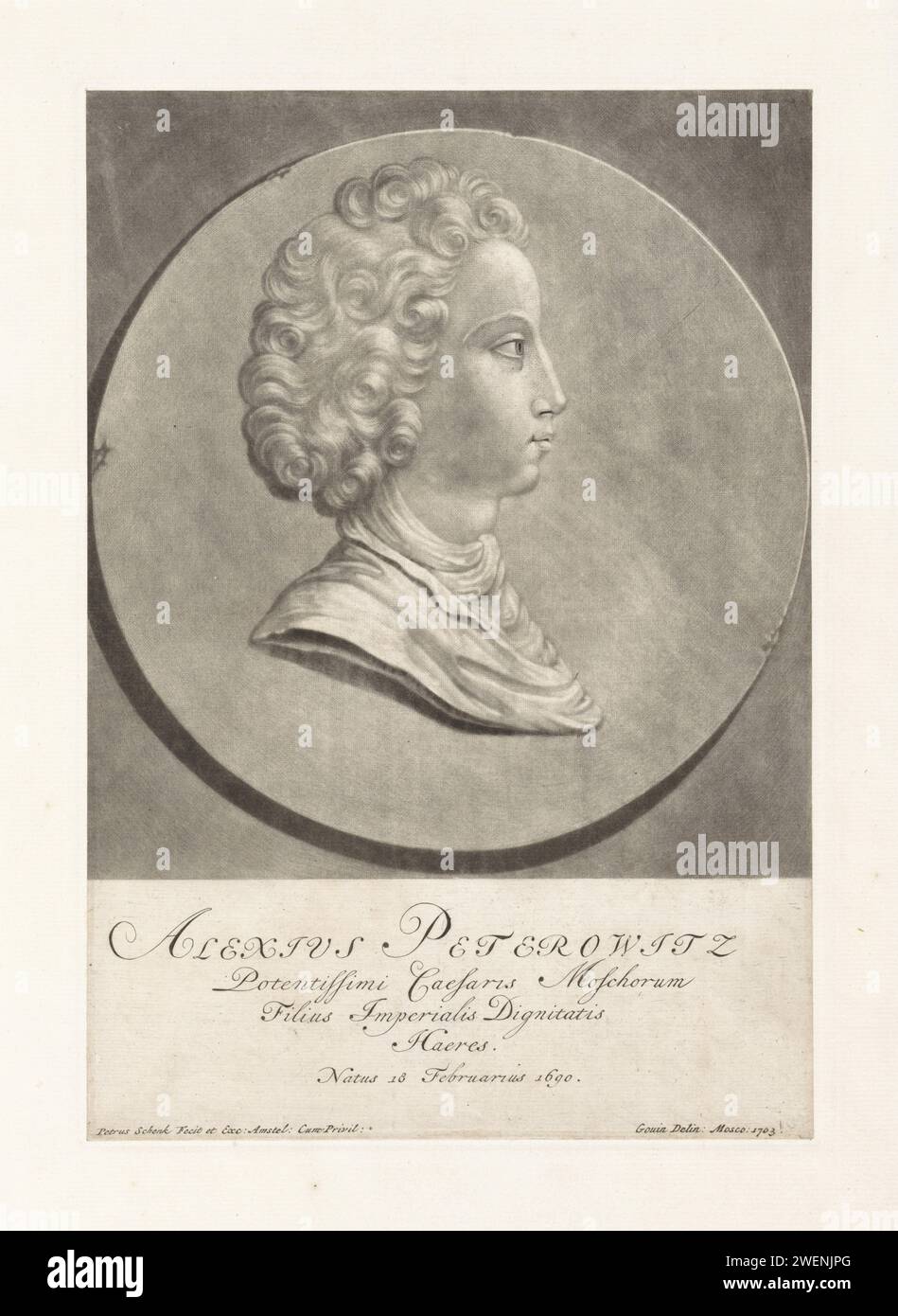 Ritratto di Alessio Petrovich, Pieter Schenk (i), dopo Gouin, 1703 - 1713 stampa Ritratto di profilo di Alessio Petrovich, figlio di Pietro i il grande, zar di Russia. incisione su carta Foto Stock