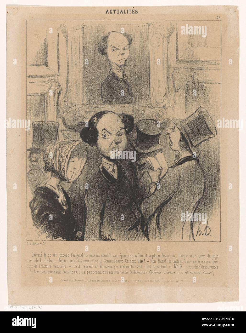 Uomo in una mostra sotto un dipinto con il proprio ritratto, 1842 stampe numerate in alto a destra: 52. caricature di carta (tipi umani). immagine, pittura. collezione d'arte, galleria d'arte Foto Stock