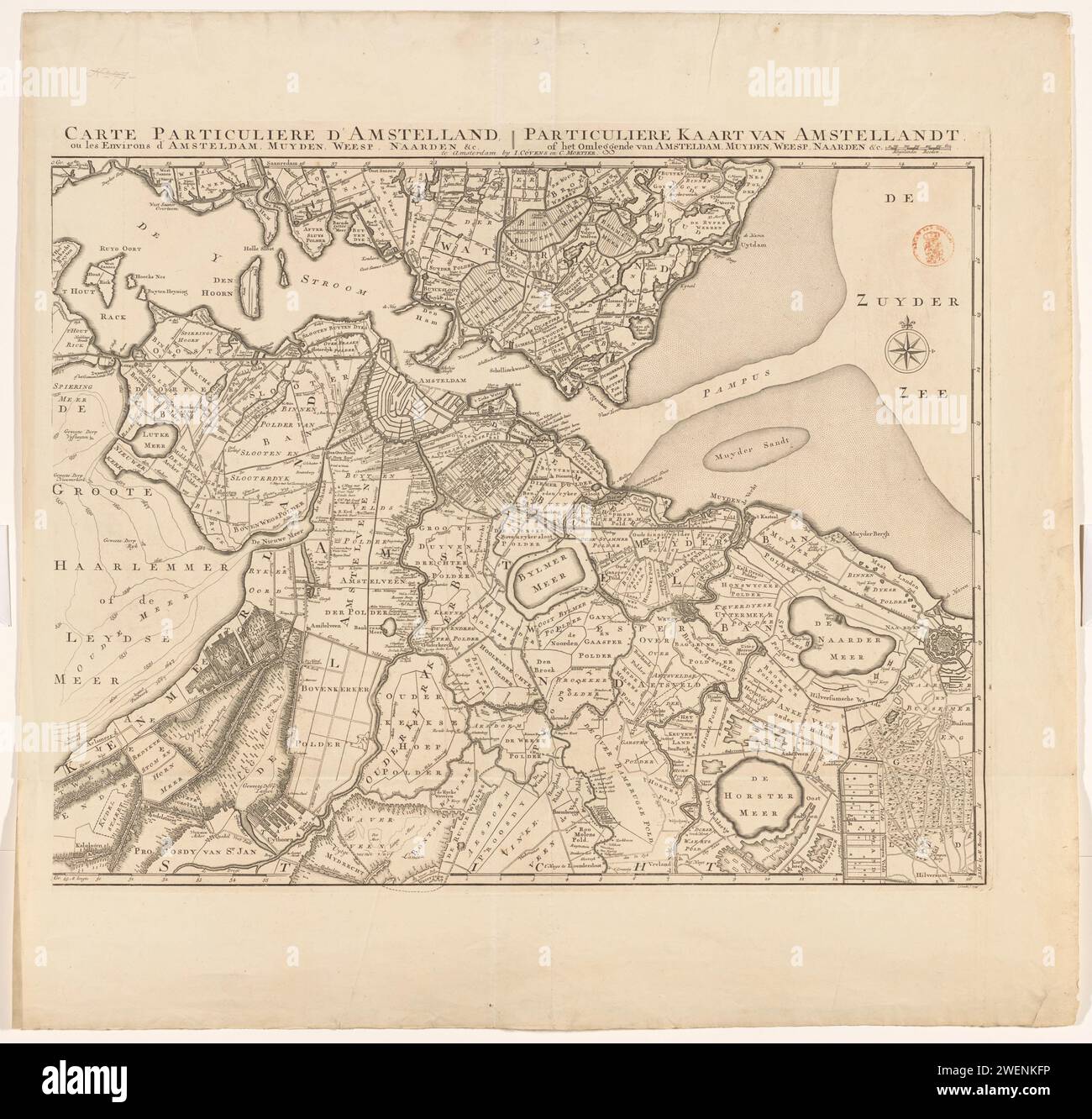 Mappa di Amstelland, Johannes Condet, 1749 stampa in alto a destra una ciotola: Rhynandse Rods. Distribuzione in gradi lungo i bordi. Orientamento: nord sulla destra. Mappe cartacee per incisioni di paesi o regioni diversi Amstelland Foto Stock
