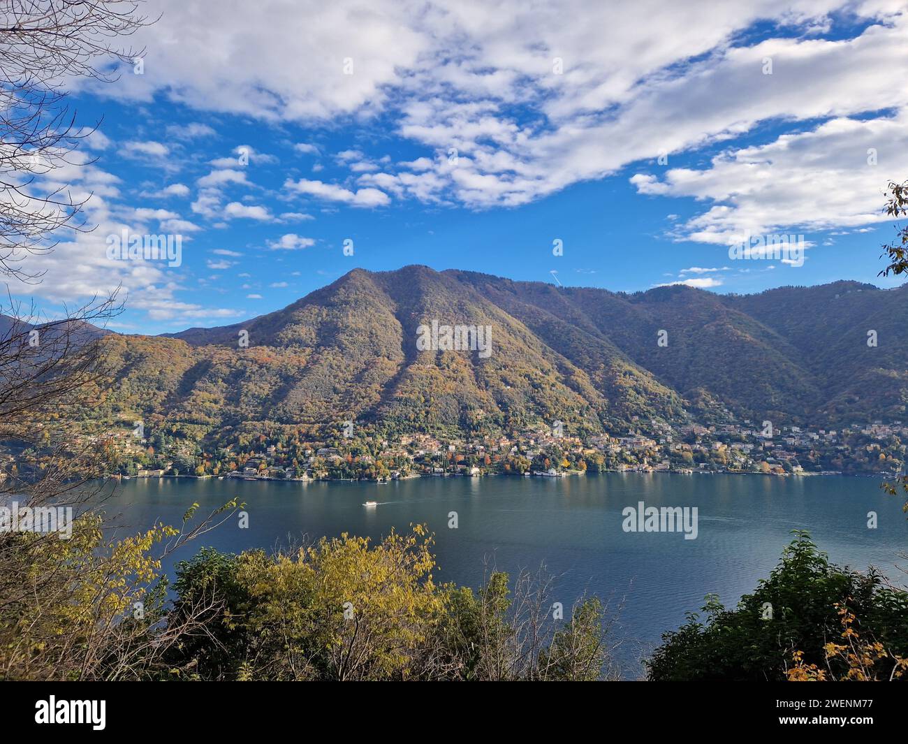 Lago di Como con vista panoramica su alberi e montagne Foto Stock
