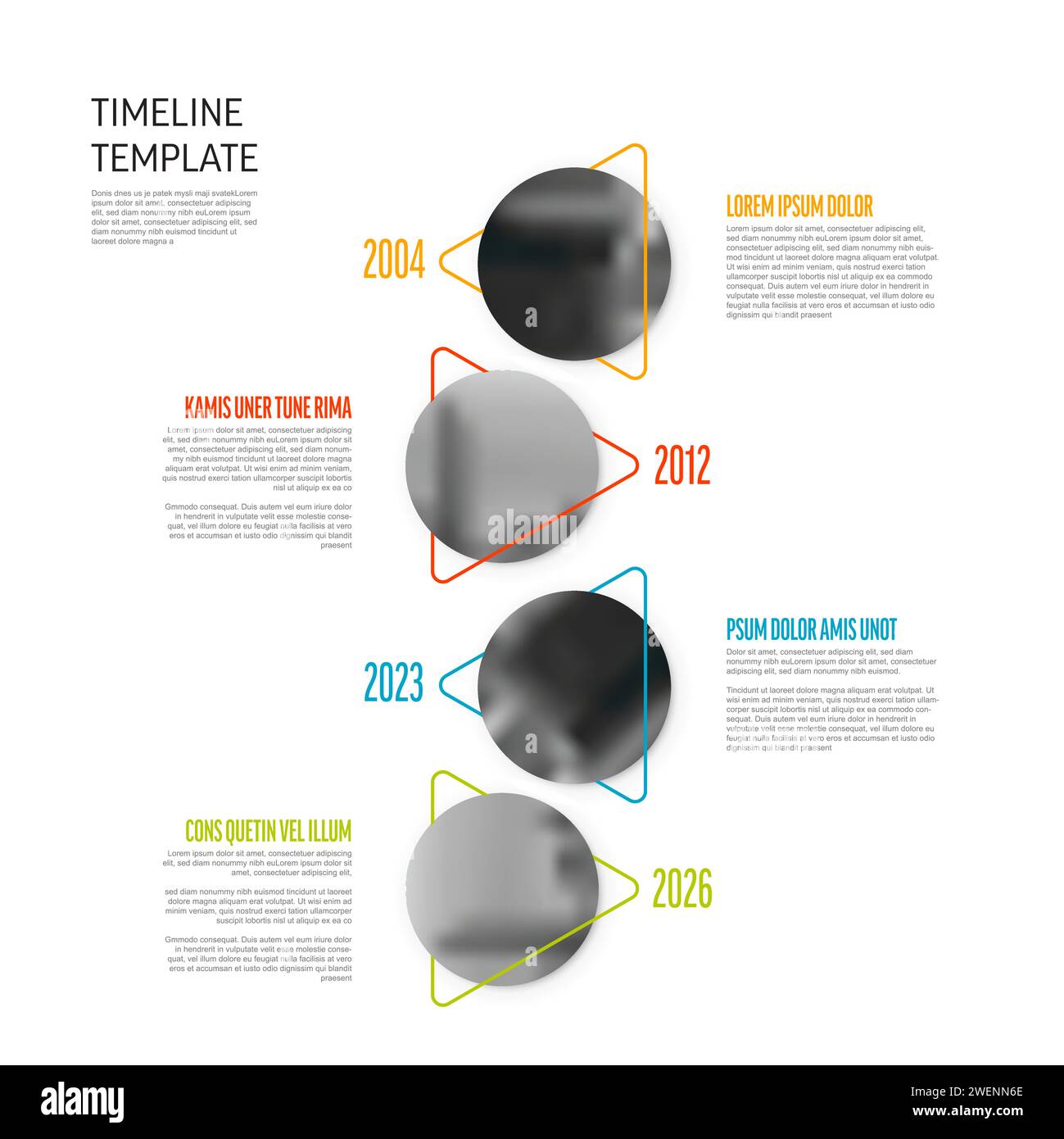 Un modello di timeline creativo con forme astratte e segnaposto per il testo, con anni sulla timeline verticale. Sequenza temporale multifunzione con foto. Illustrazione Vettoriale