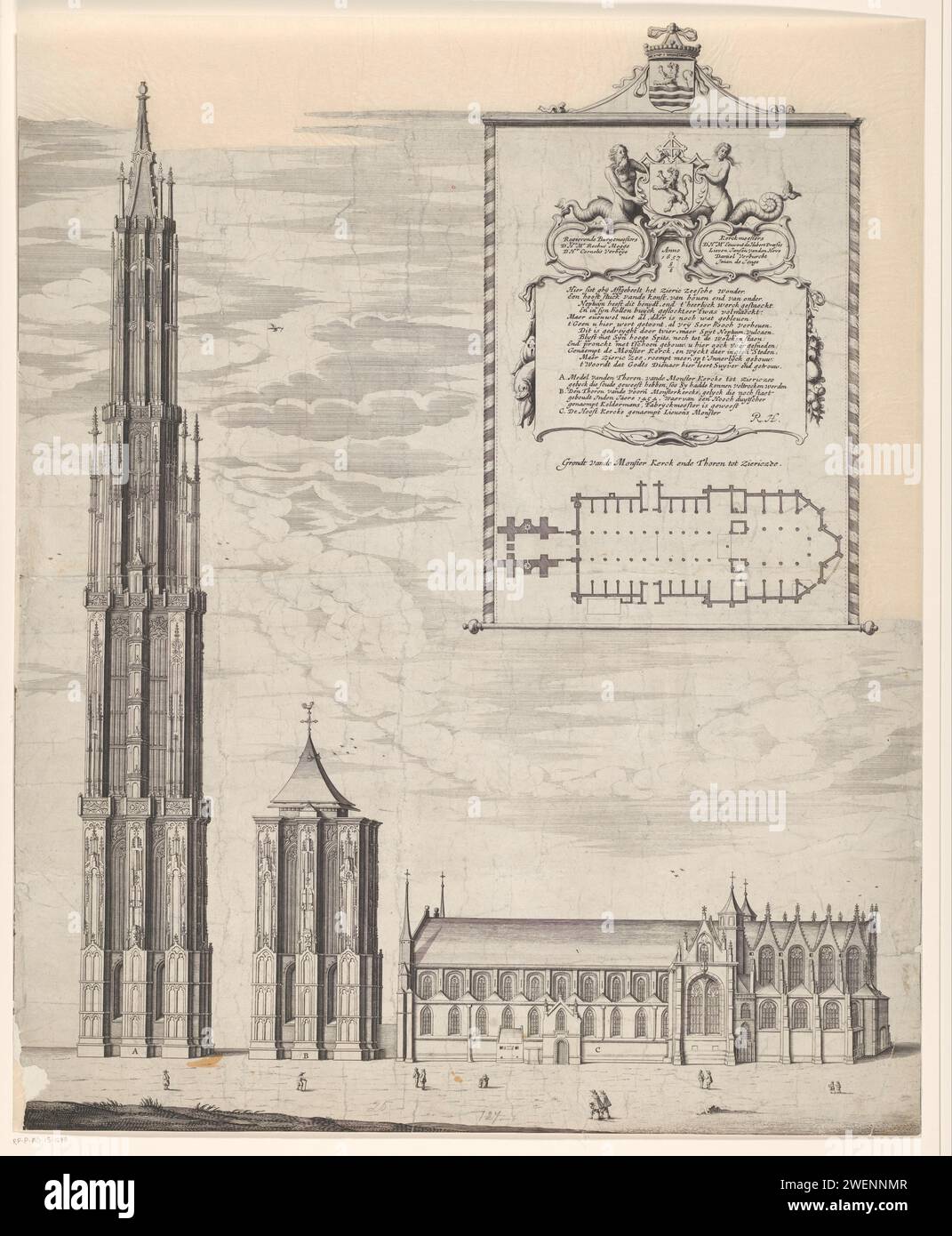 Immagine del Sint-Lievensmonsterkerk a Zierikzee, anonimo, 1657 immagine stampata del Sint-Lievensmonsterkerk a Zierikzee (C) con la torre a sinistra dell'edificio della chiesa come è stato effettivamente costruito (B) e all'estrema sinistra la torre come avrebbe dovuto guardare se la costruzione sarebbe stata completata (A). In alto a destra troverai Wapen van Zeeland. Sotto questo il Wapen van Zierikzee affiancato da un Meerman e da una donna con l'incarico sottostante, un verso sulla chiesa e la leggenda A -C.. Sotto di essa una mappa della chiesa e della torre ('Grondt van de Monster Kerck e Thoren to Ziericzee'). p Foto Stock