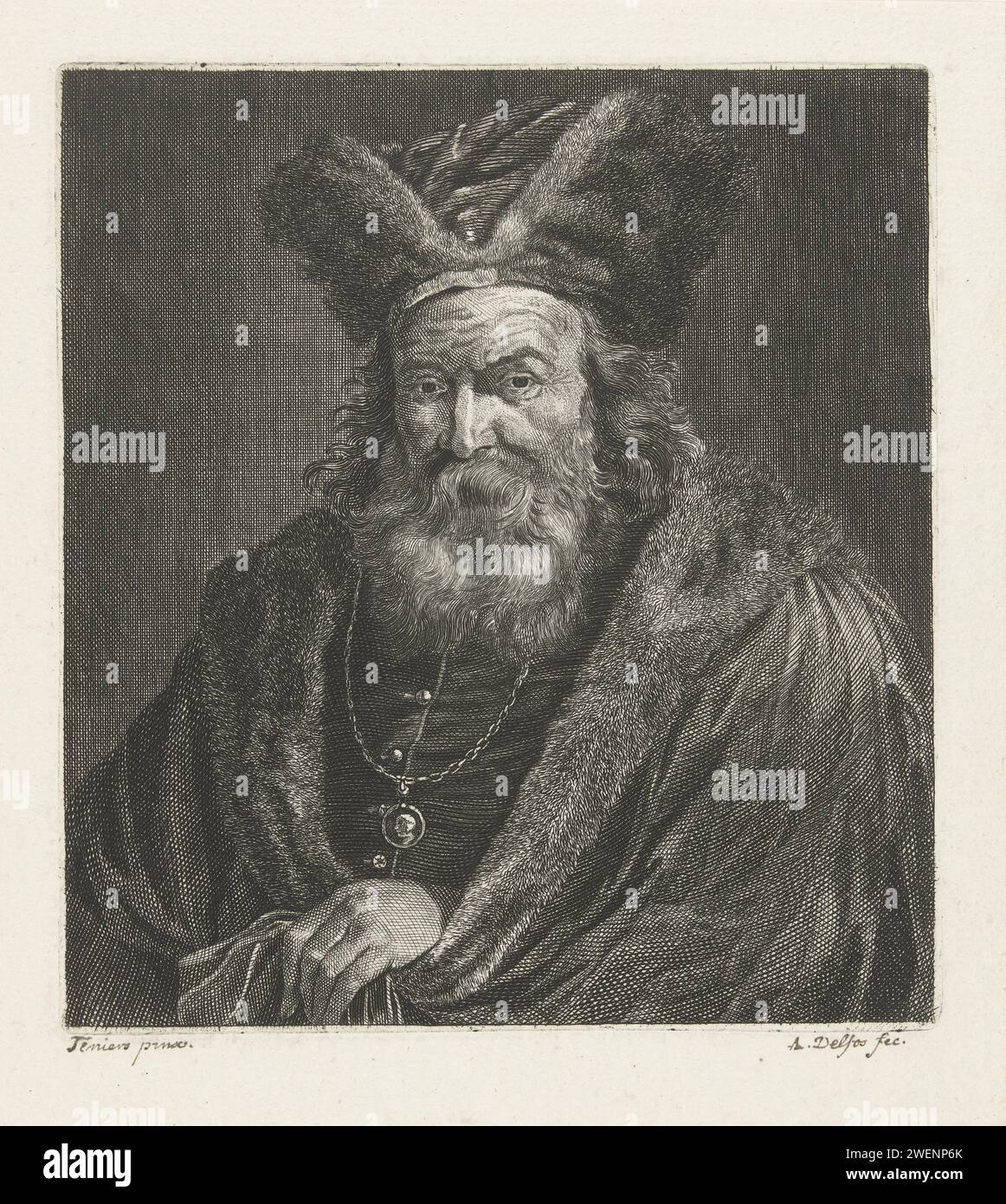 Uomo con barba e tote di pelliccia, Abraham Delfos, dopo David Teniers, incisione su carta 1741 - 1820 persona con barba grande Foto Stock