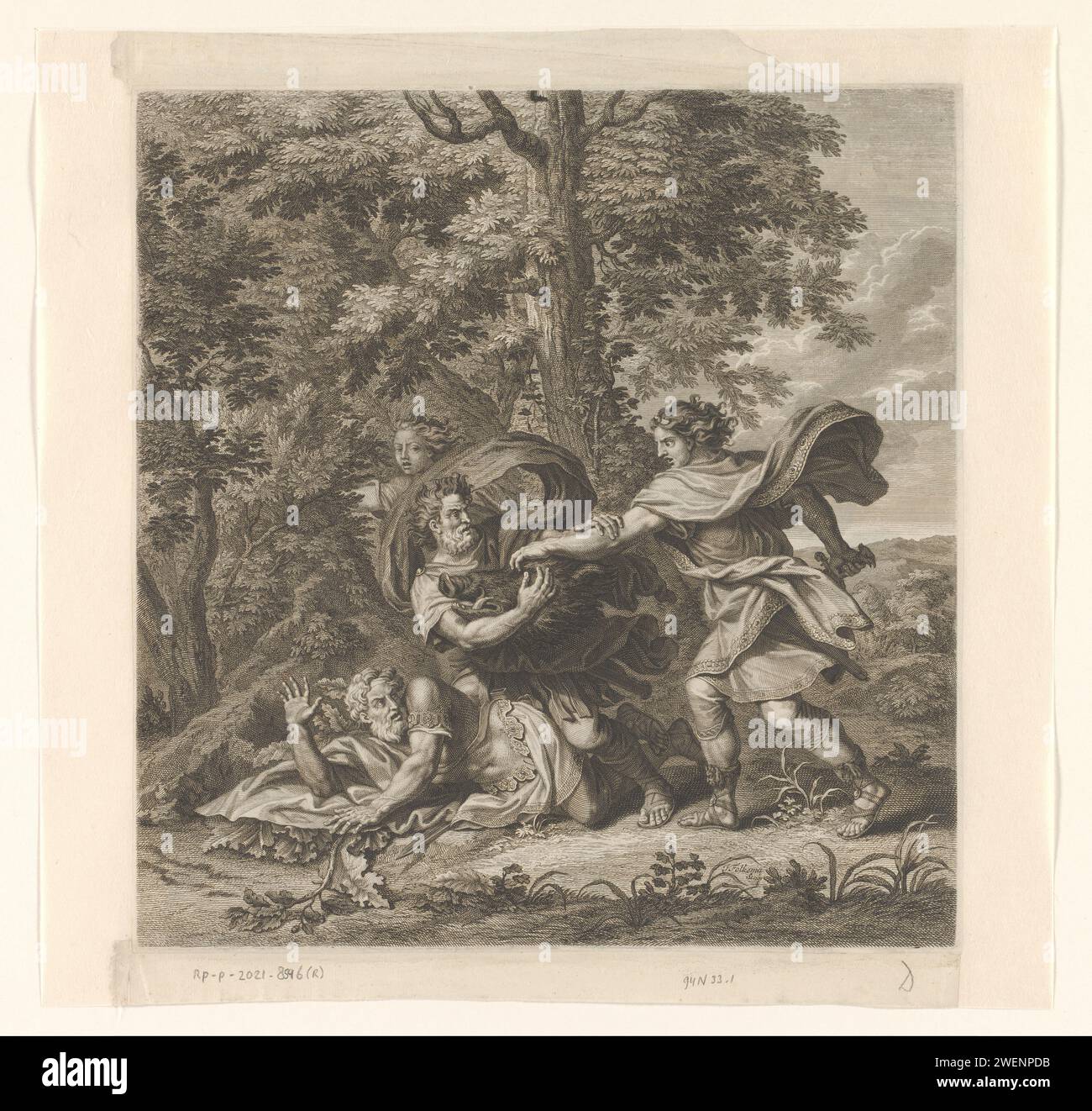 Melager combatte con i suoi zii intorno alla testa del maiale, Jacob Folkema, c. 1712 - 1767 stampe Melager ha ucciso il caledoniano Zwijn e vuole dare la testa del maiale alla sua amata Atalanta. I due zii di Melager non sono d'accordo con questo, il che porta a una svolta. L'incisione di carta/incisione del cinghiale viene uccisa, di solito da Meleager Foto Stock