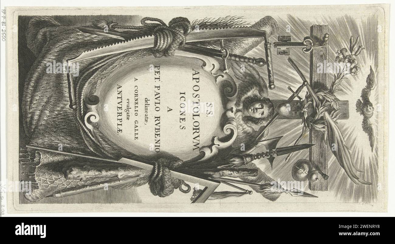 Cartiglio con titolo in cornice con attributi di santi, Schelte Adamsz. Bolswert, dopo Peter Paul Rubens, 1596 - 1659 stampa Cartouche con titolo in cornice con attributi dei santi e del loro martirio. Un piccione galleggia sopra gli oggetti come simbolo dello Spirito Santo. utensili per incisione su carta, ausili, attrezzi  artigianato e industrie: sega. chiave. La croce  simboli di Cristo. lancio di armi: lancia. Spirito Santo rappresentato come colomba (in fiamme) Foto Stock