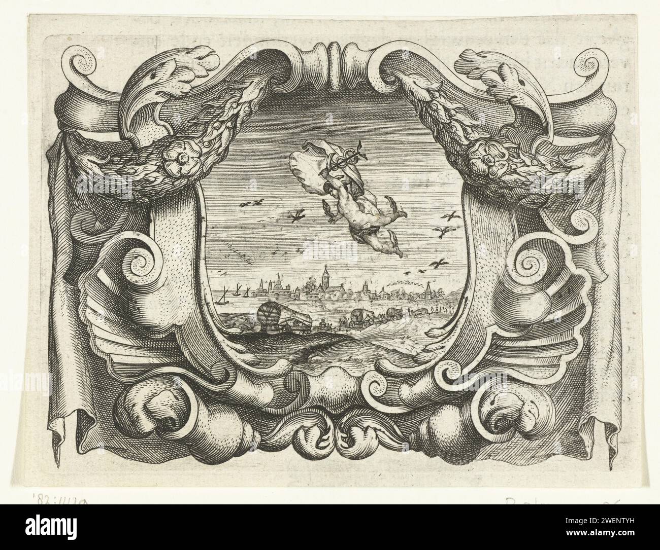 Cartiglio rotolato con Hermes, stampa 1640 Hermes vola attraverso l'aria, sullo sfondo si possono vedere uccelli e una carovana. Da una serie di 38 cartigli, decorati con maschere, ghirlande di frutta e fiori, conchiglie e animali. incisione su carta Foto Stock