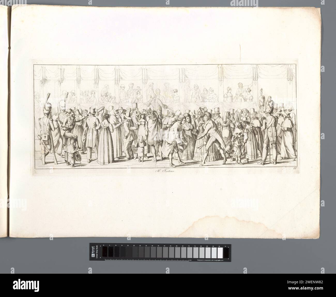 Festa calda, Carl Gustaf Hjalmar Mörner, 1820 visitatori stampati a una festa, sullo sfondo spettatori a Lods. Parte di un lavoro di stampa con una serie di venti stampe sulla celebrazione del Carnevale a Roma. Carnevale con incisione di carta, Shrovetide (celebrazione non liturgica). Festa di vestiario a Roma Foto Stock