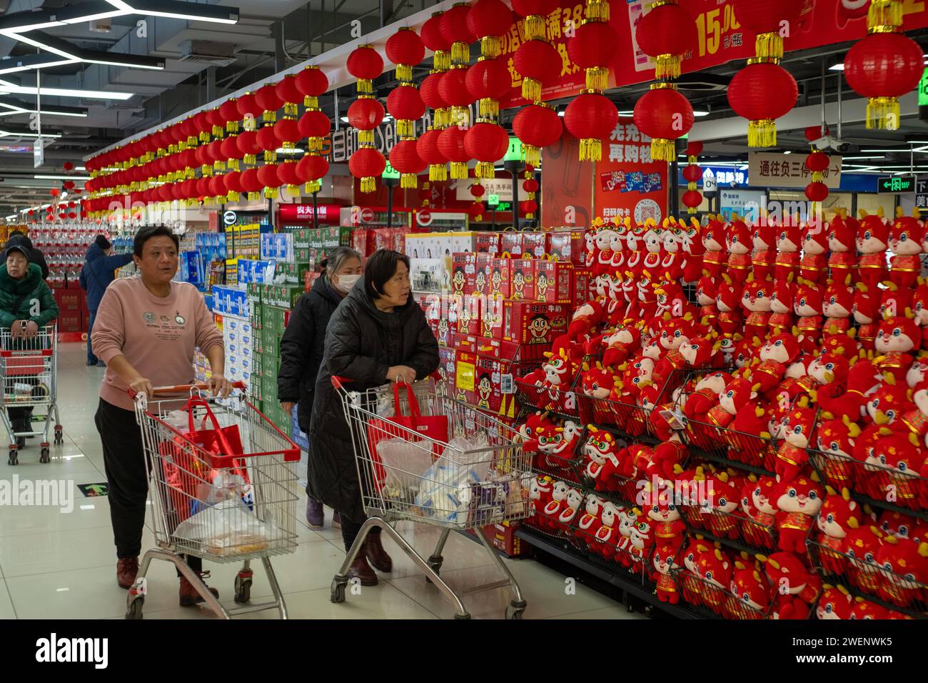 I consumatori cinesi fanno shopping in un centro commerciale decorato con lanterne rosse mentre il Chinese Spring Festival si avvicina a Pechino, in Cina. 25 gennaio 2024 Foto Stock