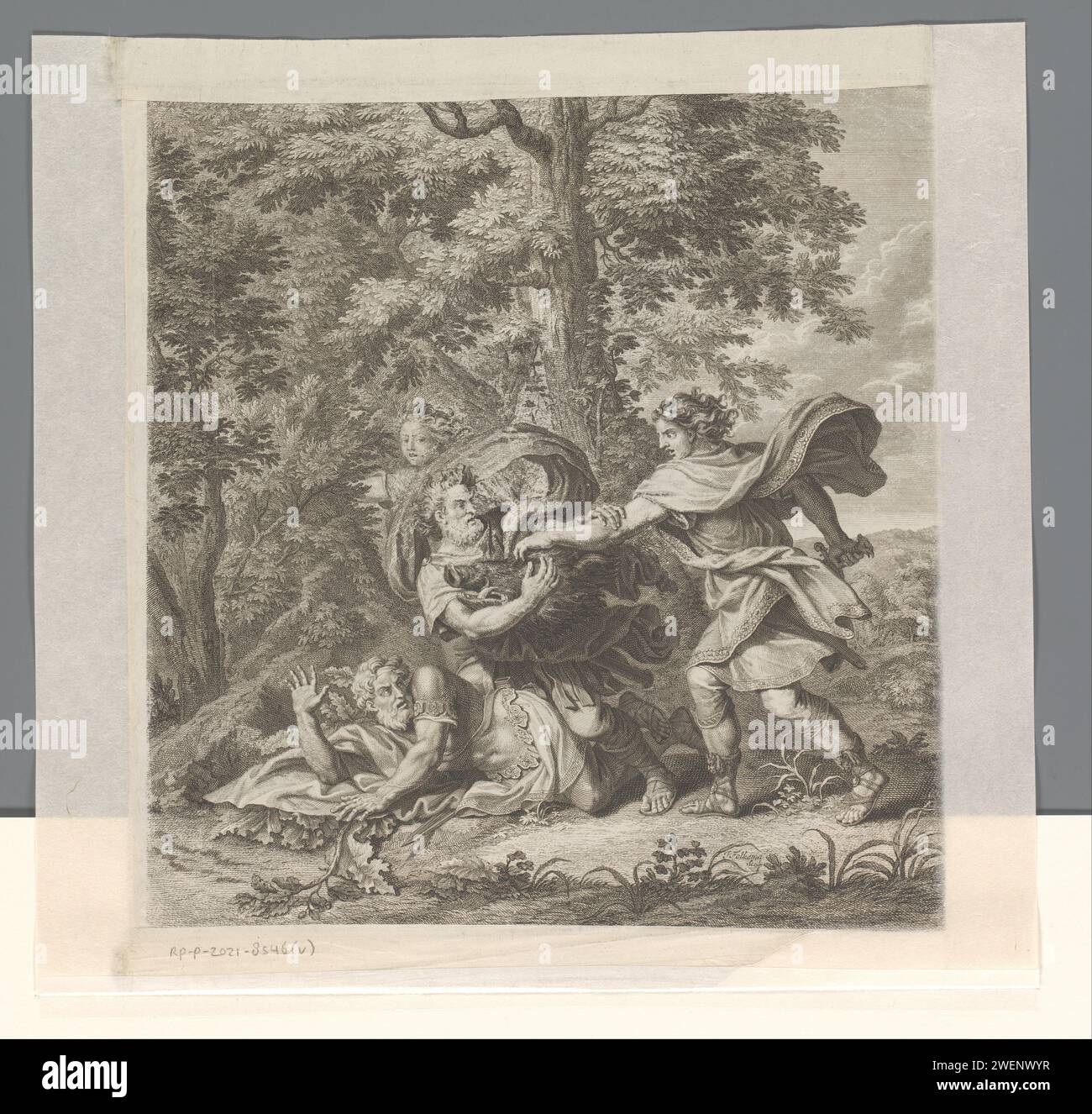 Melager combatte con i suoi zii intorno alla testa del maiale, Jacob Folkema, c. 1712 - 1767 stampe Melager ha ucciso il caledoniano Zwijn e vuole dare la testa del maiale alla sua amata Atalanta. I due zii di Melager non sono d'accordo con questo, il che porta a una svolta. L'incisione di carta/incisione del cinghiale viene uccisa, di solito da Meleager Foto Stock