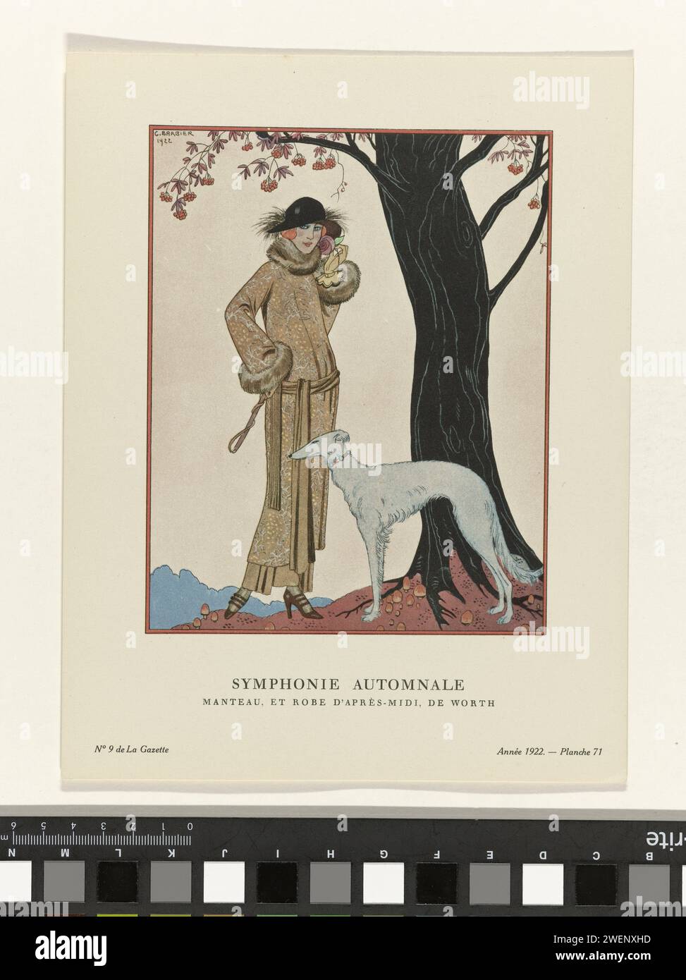 Gazette du Bon Ton, 1922 - No. 9: Fall Symphony / Cappotto, e abito pomeridiano, da Worth, George Barbier, 1922 donna in piedi con un cane ewind su un albero, vestita con un mantello e un abito pomeridiano, rifinito con pelliccia, da WORTH. Un cappello in testa. Guanti sulle mani. Una rosa nella mano sinistra. Indossa la planche 71 della Gazette du Bon Ton 1922, n. 9. Spiegazione dell'abbigliamento alla pagina "Descrizione et estrapolazione delle planches horstexte et pages de Croquis. carta letterpress stampa di piatti di moda. cappotto (+ abiti da donna). copricapo (+ abiti da donna). abito, abito: abito da giorno (+ donna Foto Stock