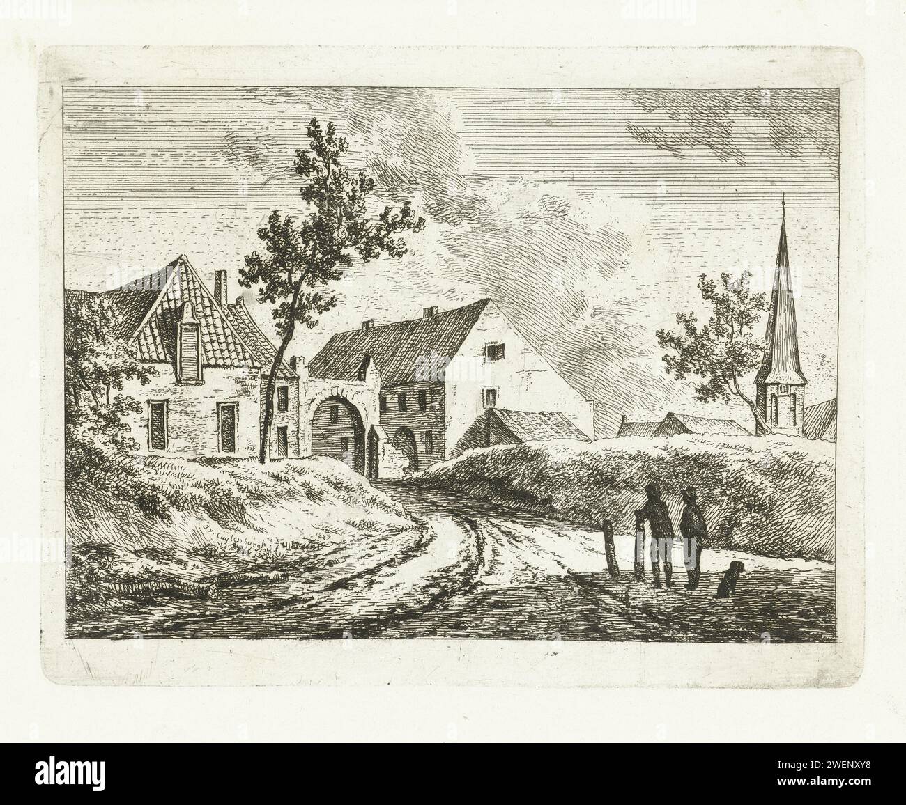 Paesaggio con strada per Poort van Dorp, Johannes van Cuylenburgh, 1803 - 1841 carta stampata, cancello di incisione, ingresso. villaggio Foto Stock