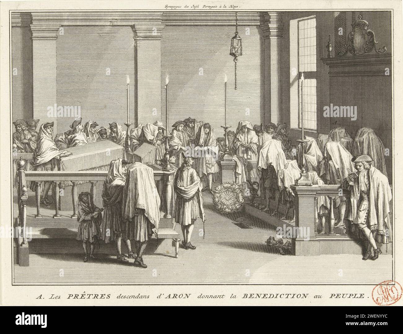 I preti ebrei benedicono il popolo, CA. 1720-1725, 1725 stampa i sacerdoti ebrei benedicono il popolo nella sinagoga, ca. 1720-1725. Parte di una serie di illustrazioni di costumi religiosi. Incisione/incisione di carta "berakhot", benedizioni, benedizioni  religione ebraica Foto Stock