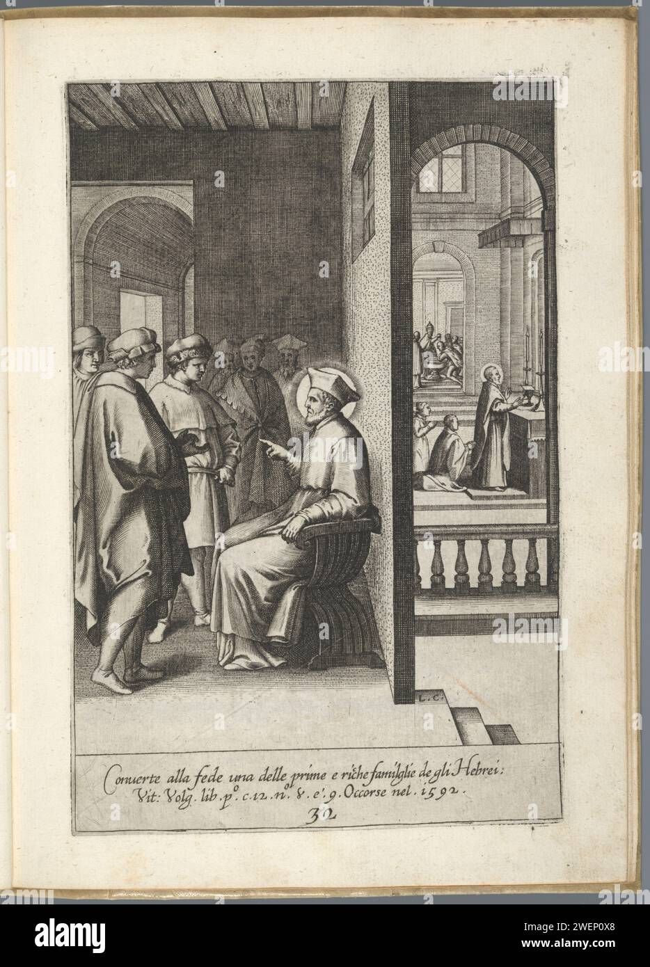Filippo Neri converte una famiglia ebraica, 1630 - 1641 stampe Filippo Neri converte una delle più antiche e ricche famiglie ebraiche (1592). Stampa n.. 32 in una serie di 44 stampe con scene della vita del Santo Filippo Neri. Carta incisione del fondatore della Congregazione dell'Oratorio (oratori) Philip Neri; possibili attributi: lily, rosario. Religione e cultura ebraica Foto Stock