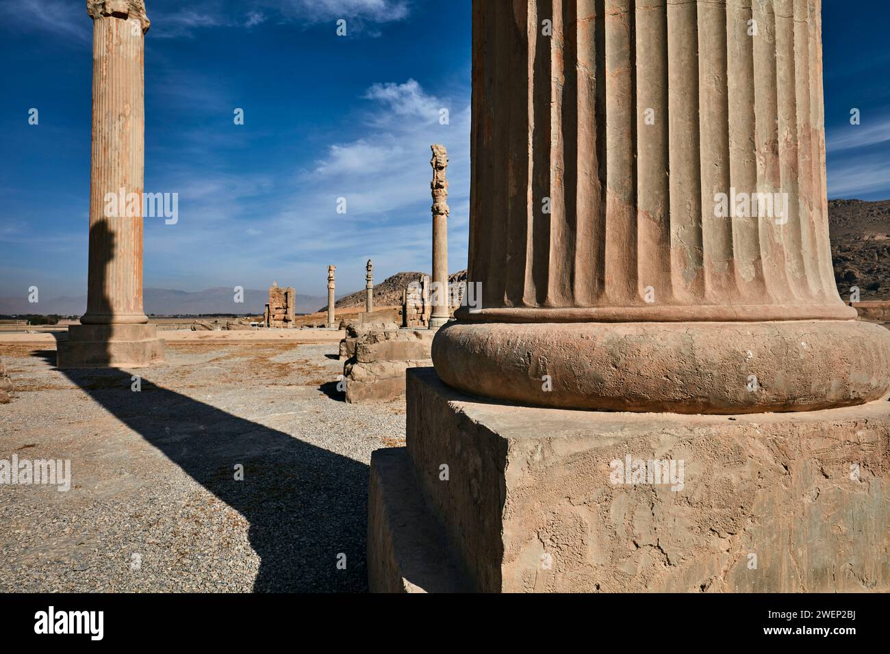 Colonne rimanenti del Palazzo Apadana in rovina a Persepoli, capitale cerimoniale dell'Impero achemenide (550–330 a.C.). Provincia di Fars, Iran. Foto Stock