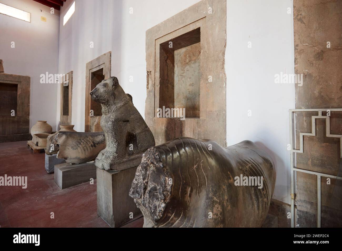 Antiche statue in pietra trovate a Persepoli ed esposte nel Museo di Persepoli. Persepoli, provincia di Fars, Iran. Foto Stock