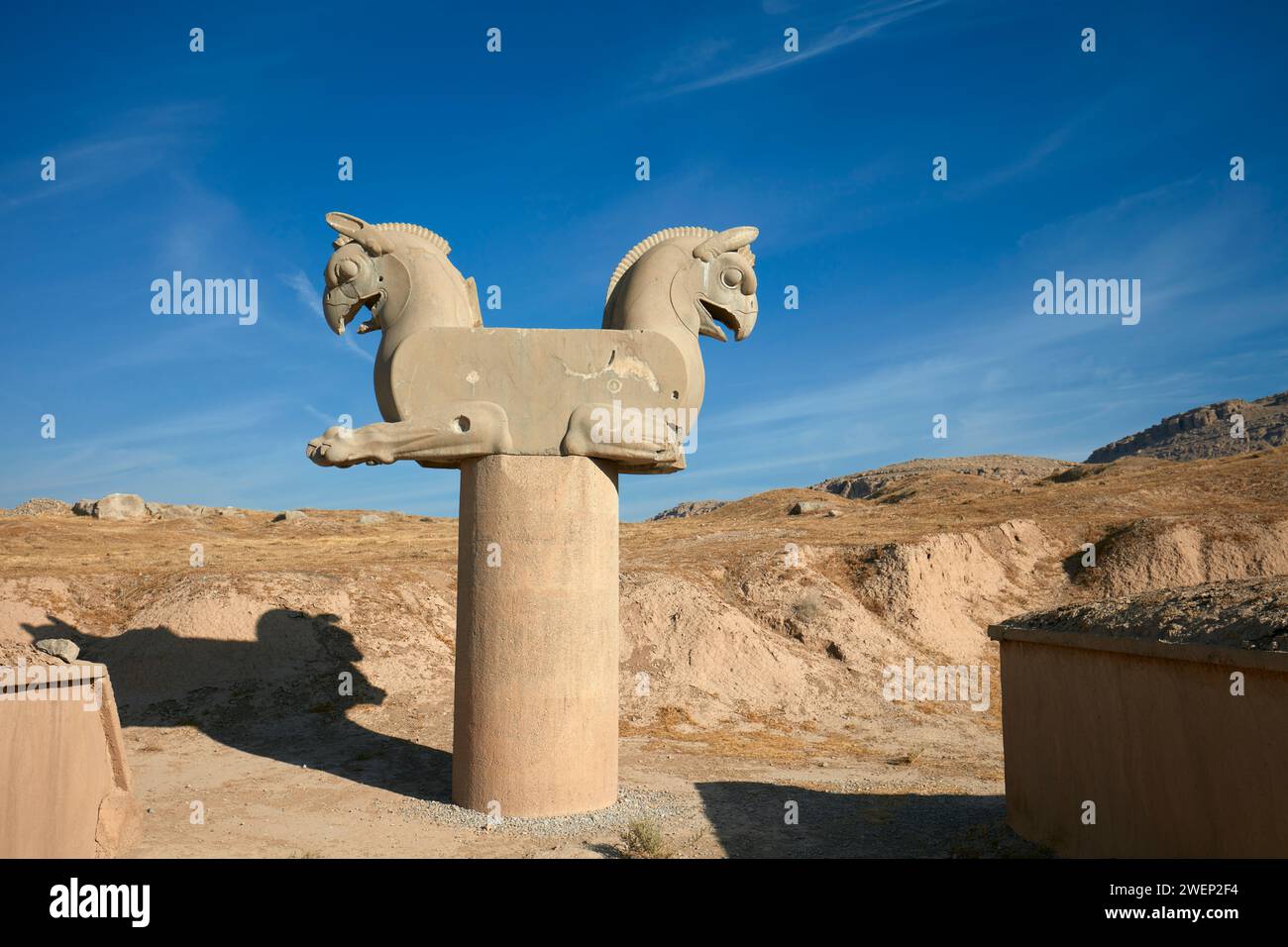Capitale della colonna con due teste di grifone a Persepoli, antica capitale dei re persiani della dinastia achemenica. Provincia di Fars, Iran. Foto Stock