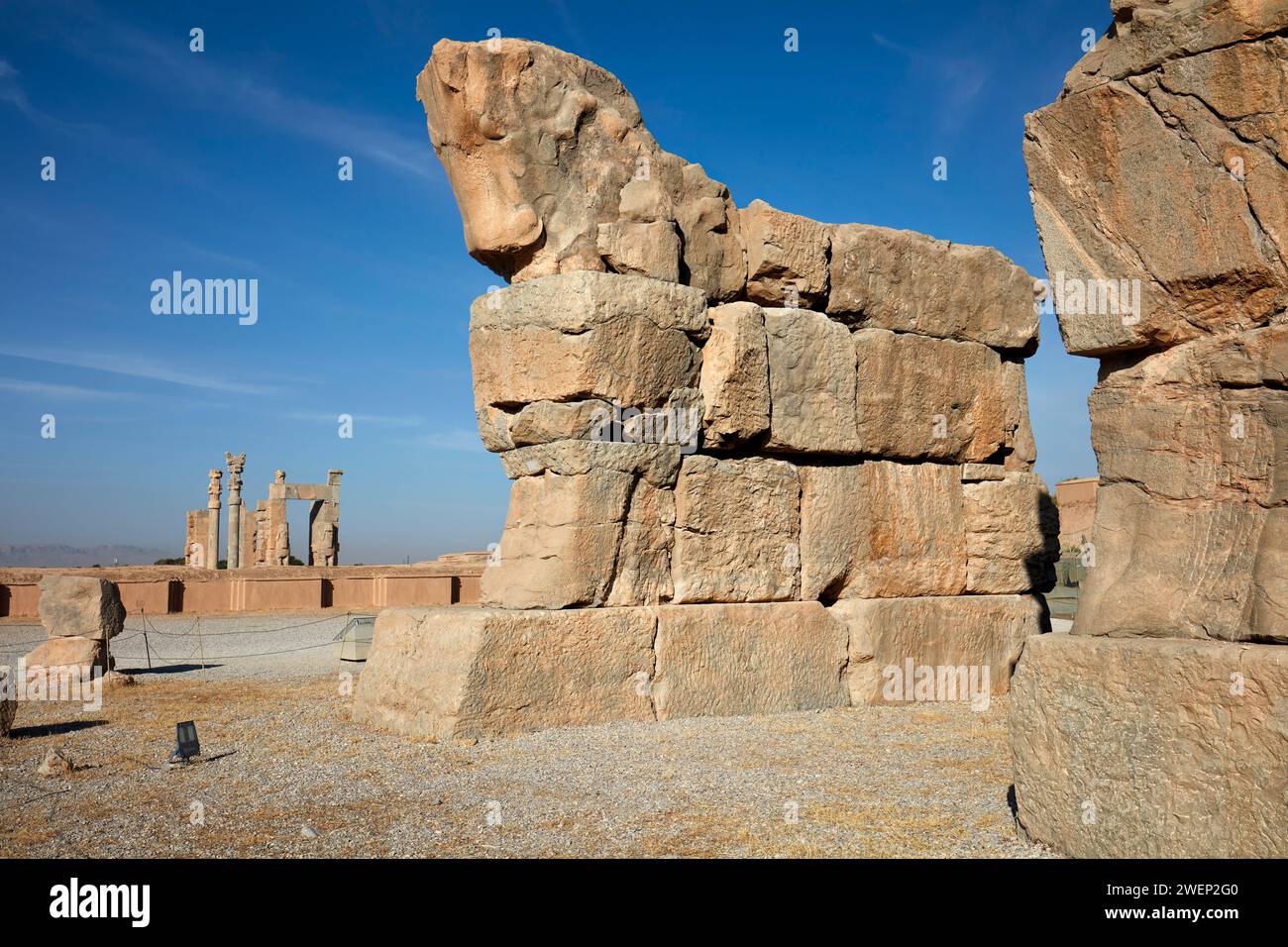 Enormi tori di pietra della porta incompiuta (detta anche porta dell'esercito) a Persepoli, capitale cerimoniale dell'Impero achemenide (550–330 a.C.), Iran. Foto Stock