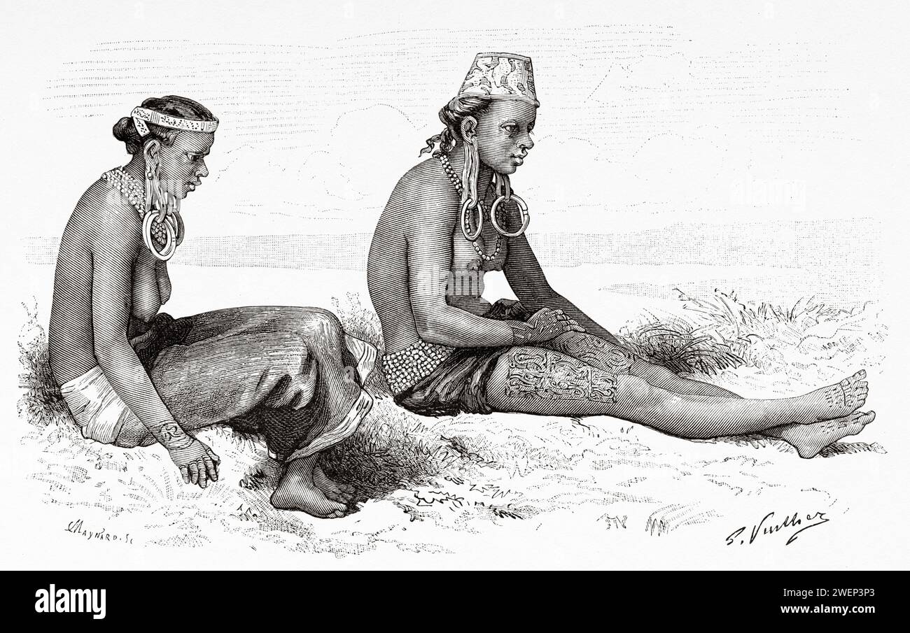 Donne in cerca di Dayak, Kalimantan. Isola del Borneo, Indonesia. Da Koutei a Banjarmasin, un viaggio nel Borneo di Carl Bock (1849 - 1932) Foto Stock