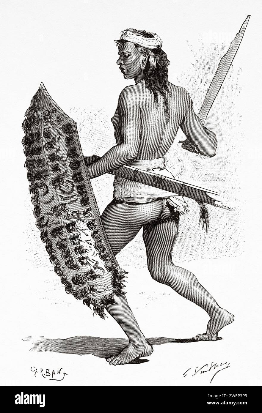 Tring Dayak guerriero vestito da guerra, Kalimantan. Isola del Borneo, Indonesia. Da Koutei a Banjarmasin, un viaggio nel Borneo di Carl Bock (1849 - 1932) Foto Stock